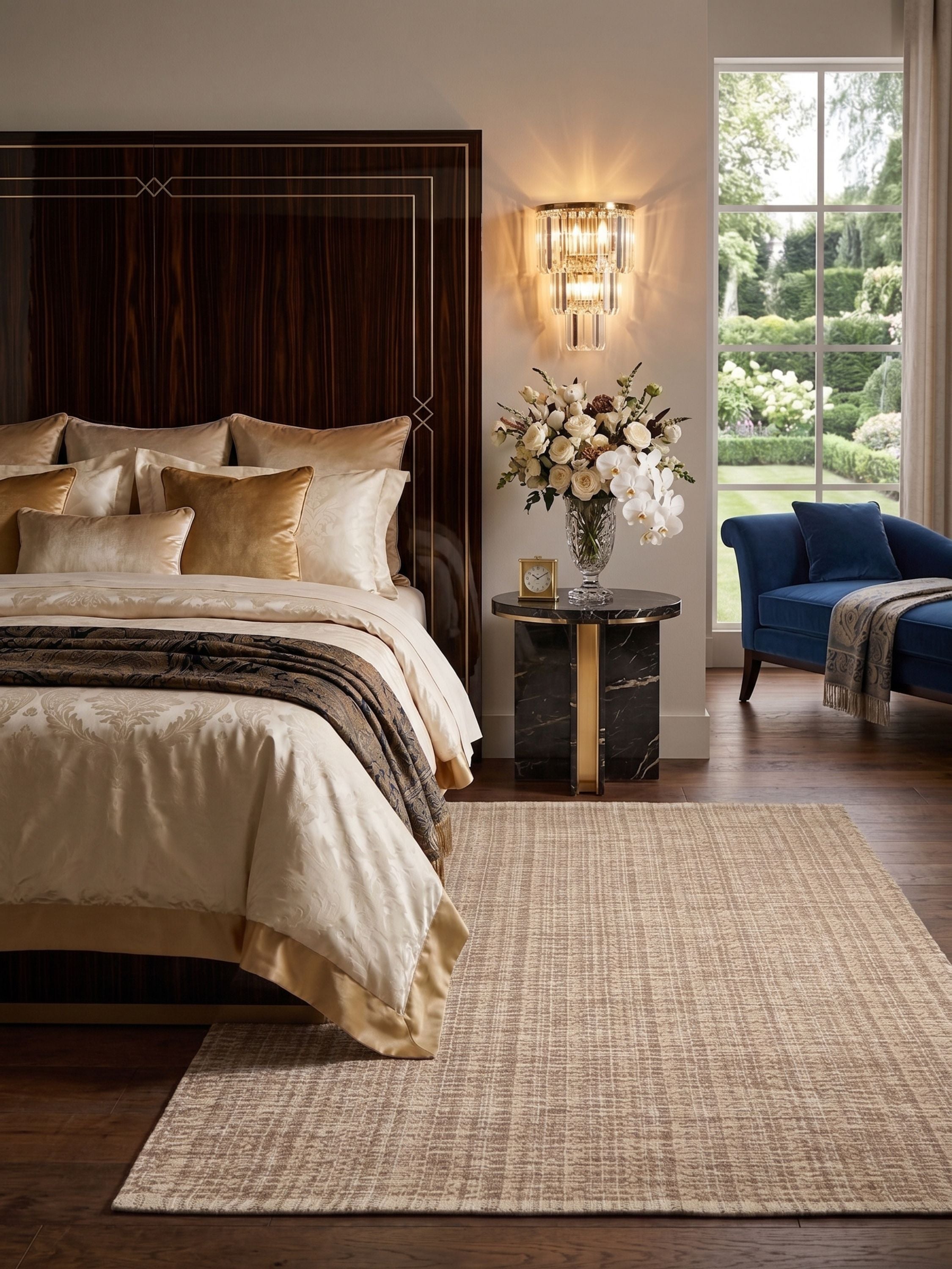 Neutral wool and jute area rug in tonal texture styled in a bedroom with upholstered bed and wooden flooring