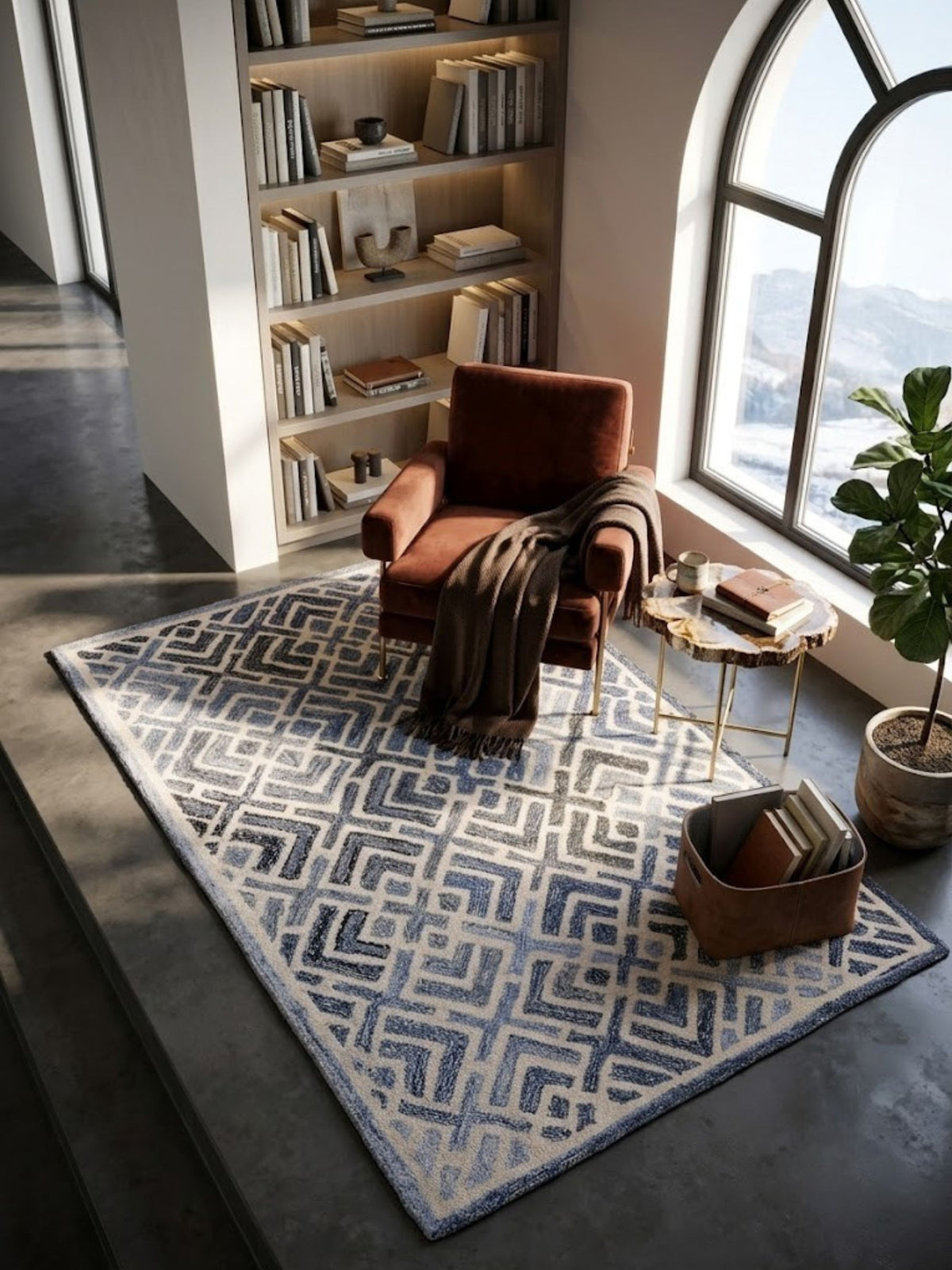 Wool and denim rug with a sculpted, raised pile texture, styled in a room near a window.