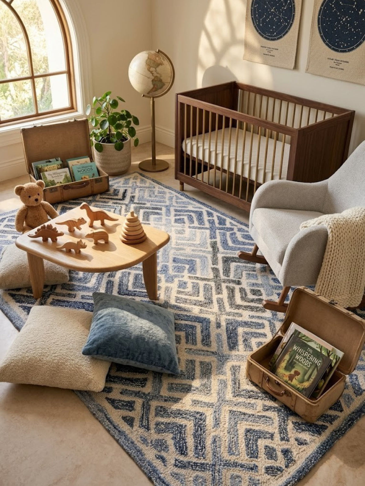 Wool and denim rug with an interlocking diagonal pattern, styled in a room with soft natural light.