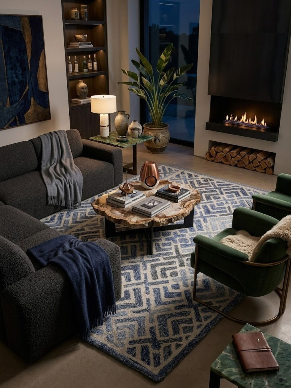 Wool and denim rug with the denim sections rising above the wool pile, styled in a living room.