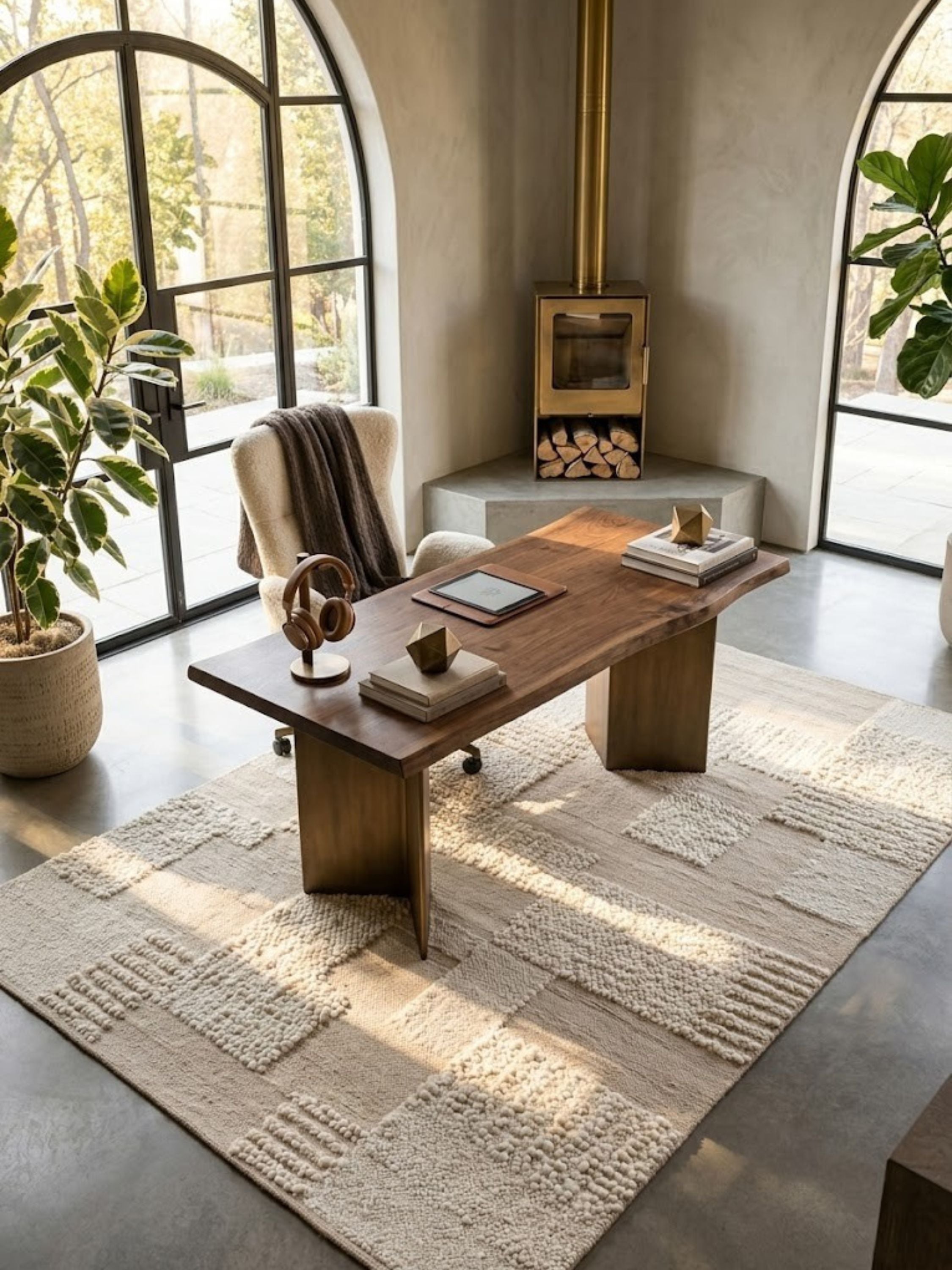 Wool rug with a raised knot texture, styled in a light-filled room with seating.