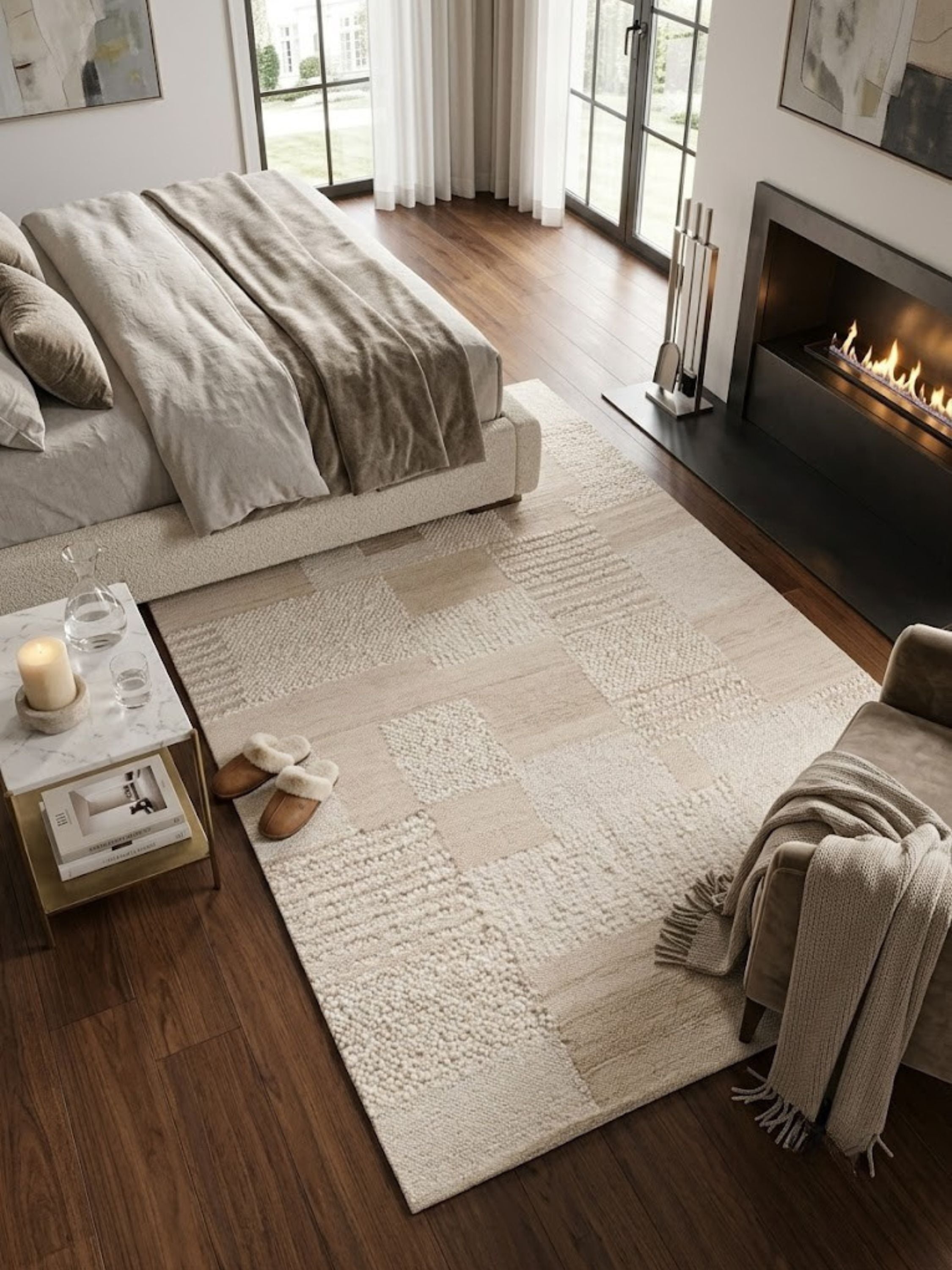Wool rug with an ivory patchwork block pattern, styled in a room with light furnishings.