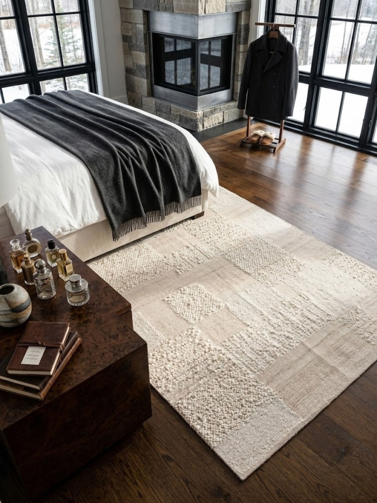 Wool rug with a clustered knot texture, placed beside a bed.