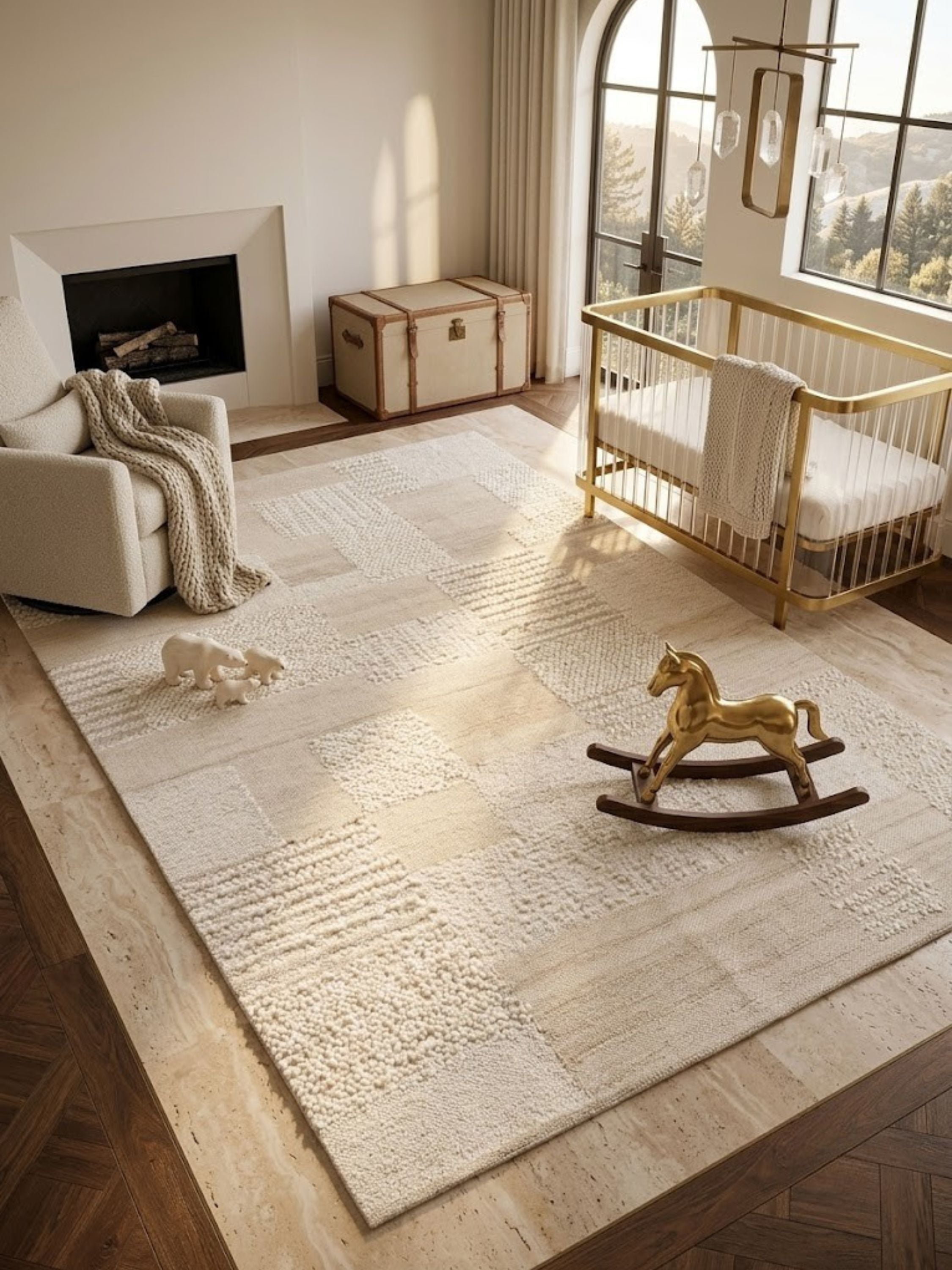 Wool rug showing textural contrast between its flat and knotted blocks, styled in a light-filled room.