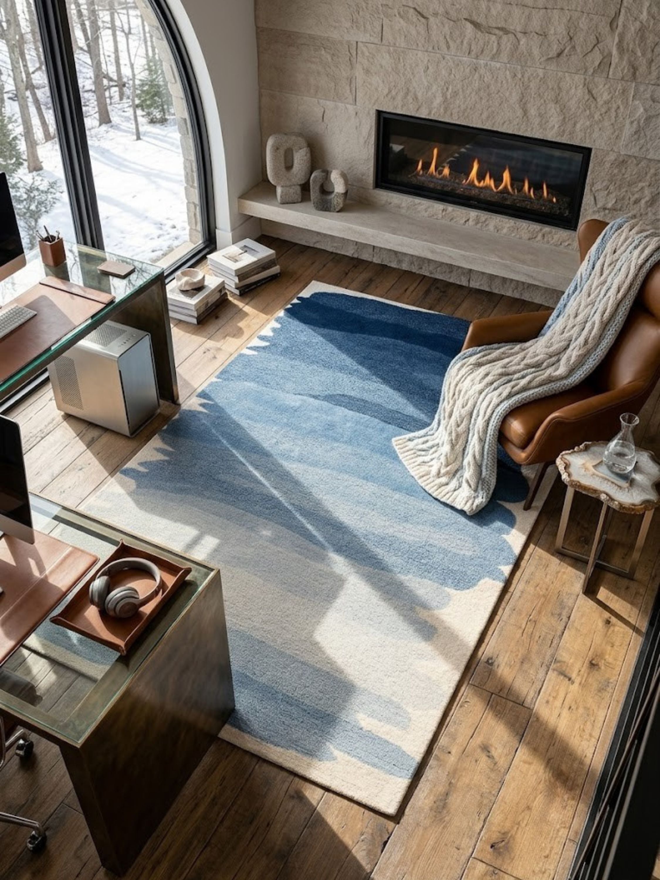 Navy-to-ivory wool rug, painterly color gradient, viewed from above in a living room with a stone fireplace.