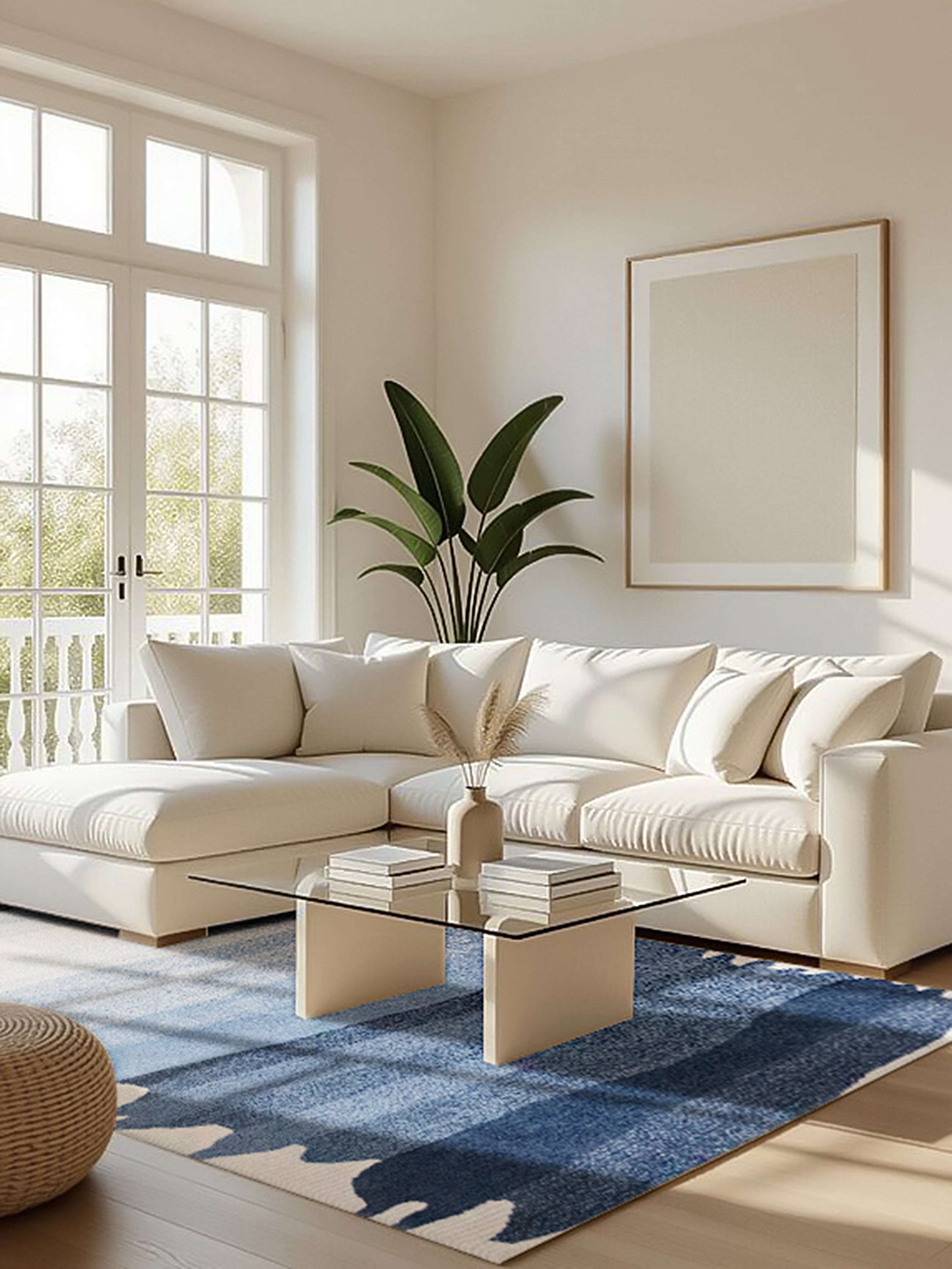 Antigua rug with ocean blue gradient bands hand-tufted in premium wool and medium pile in a modern living room.