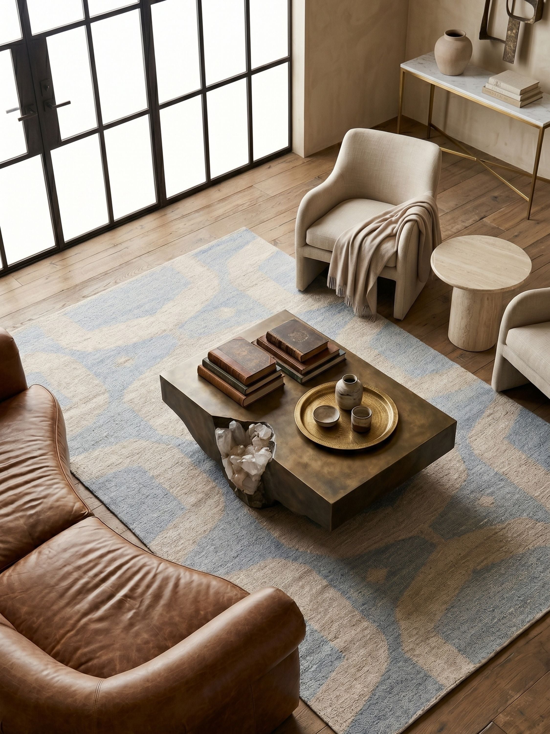 Flatweave wool rug in muted blue and ivory featuring large-scale geometric pattern and low pile texture