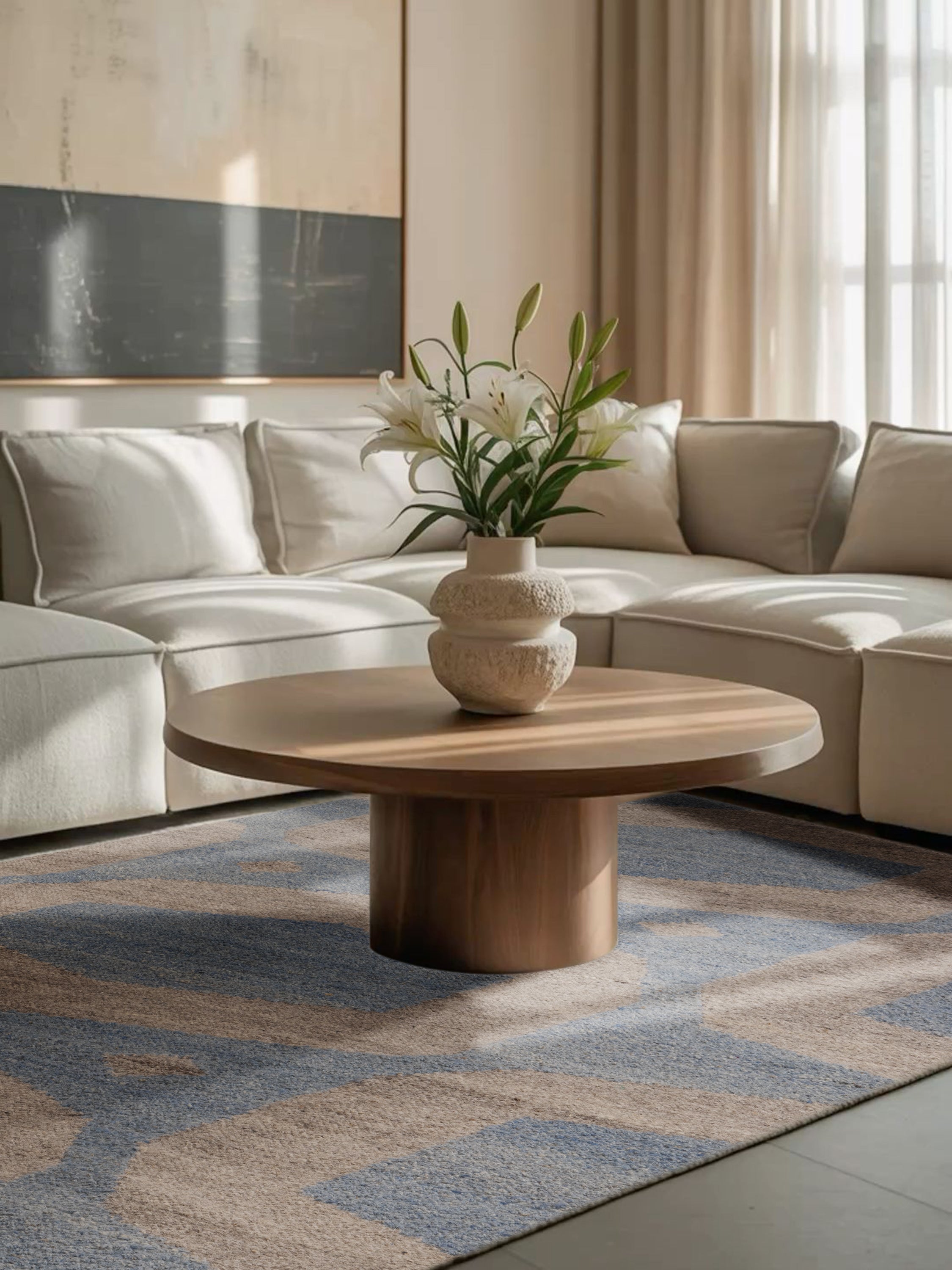 Simona Rug in a serene coastal living room with neutral décor