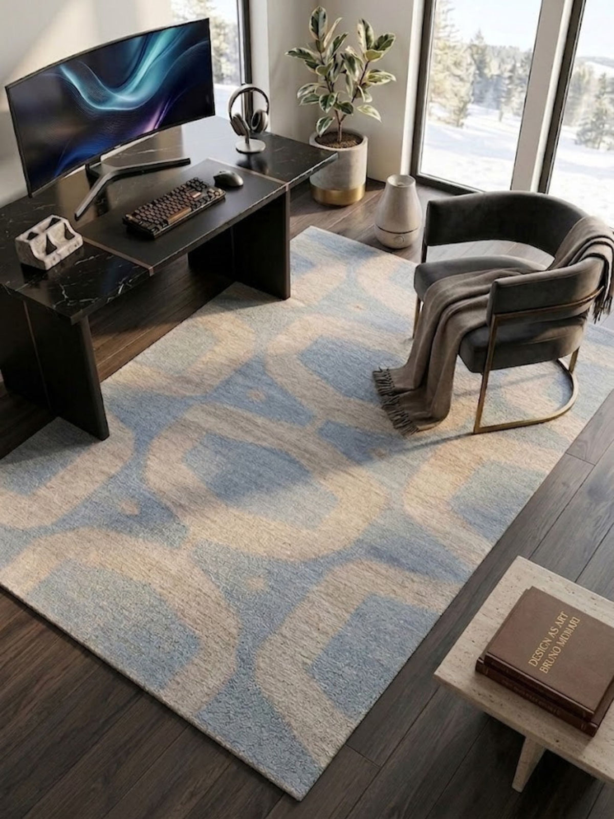Flatwoven wool rug, low profile, blue and sand pattern, styled indoors on a wood floor.