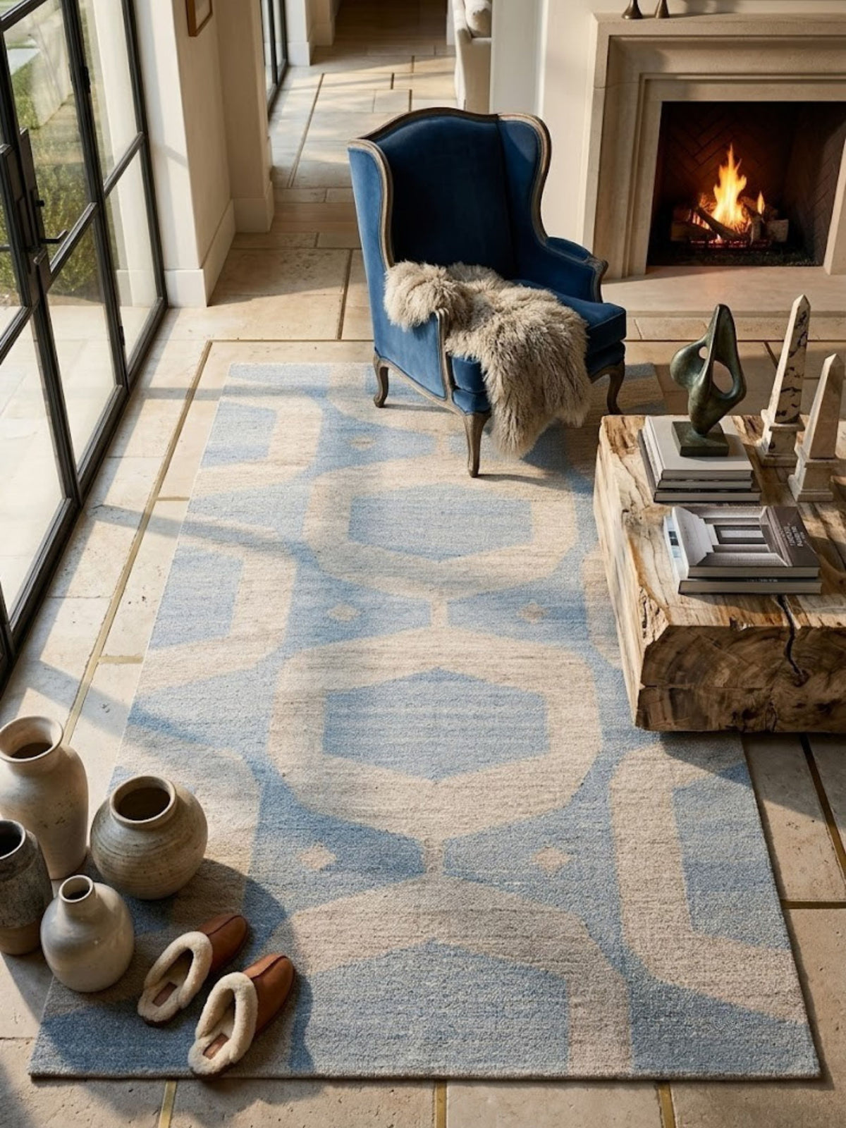 Flatwoven wool rug with a bold arch-and-oval repeat in blue and sand, styled in a living room.