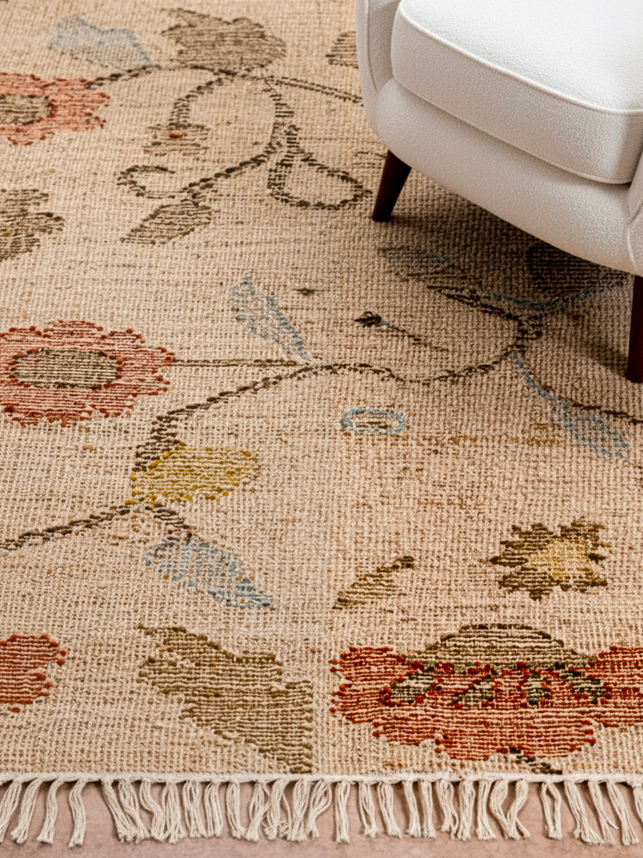 Handwoven wool and jute Tresden Rug styled in a soft neutral interior
