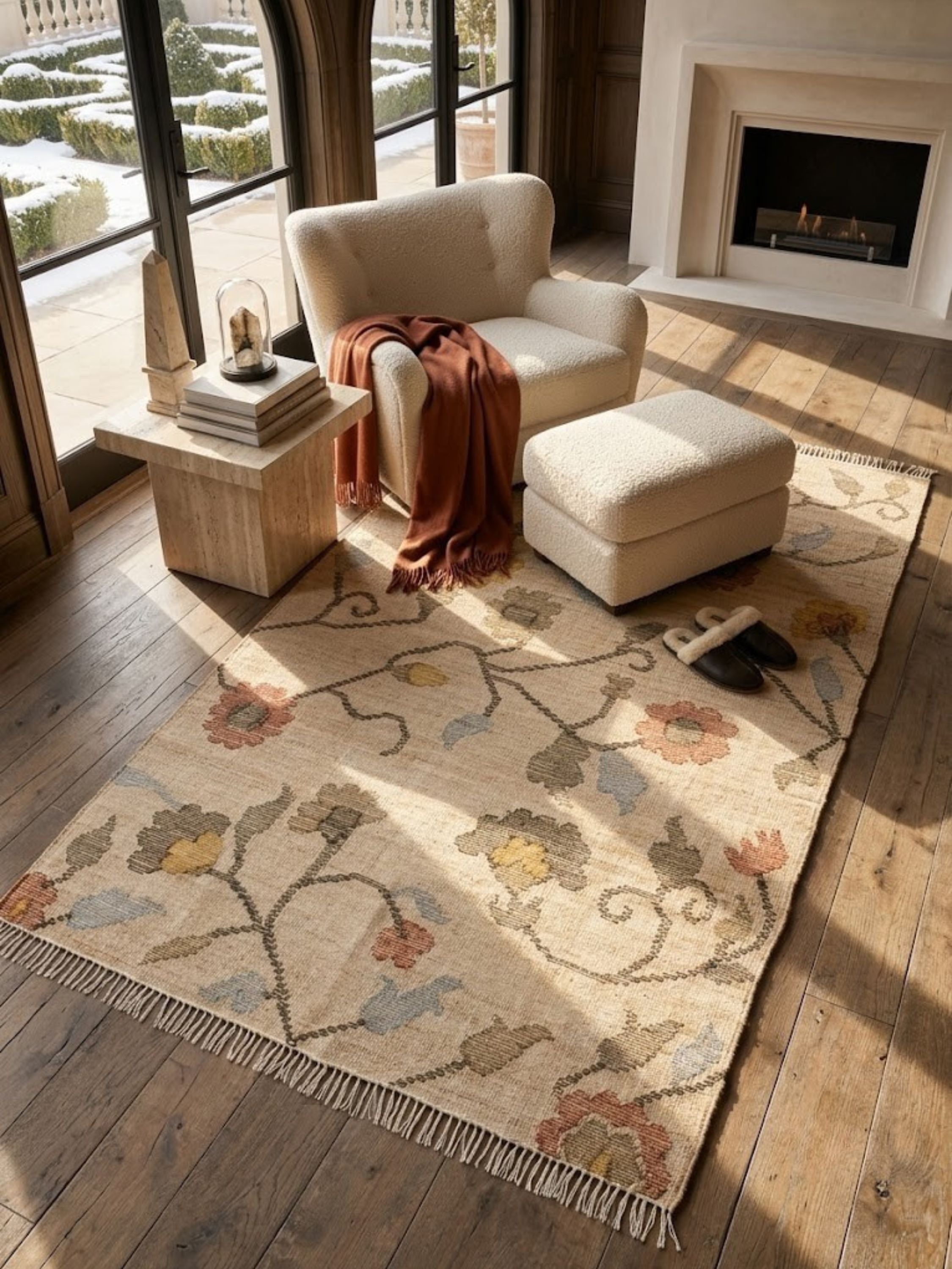 Wool and jute rug with a fringed edge, styled in a living room.
