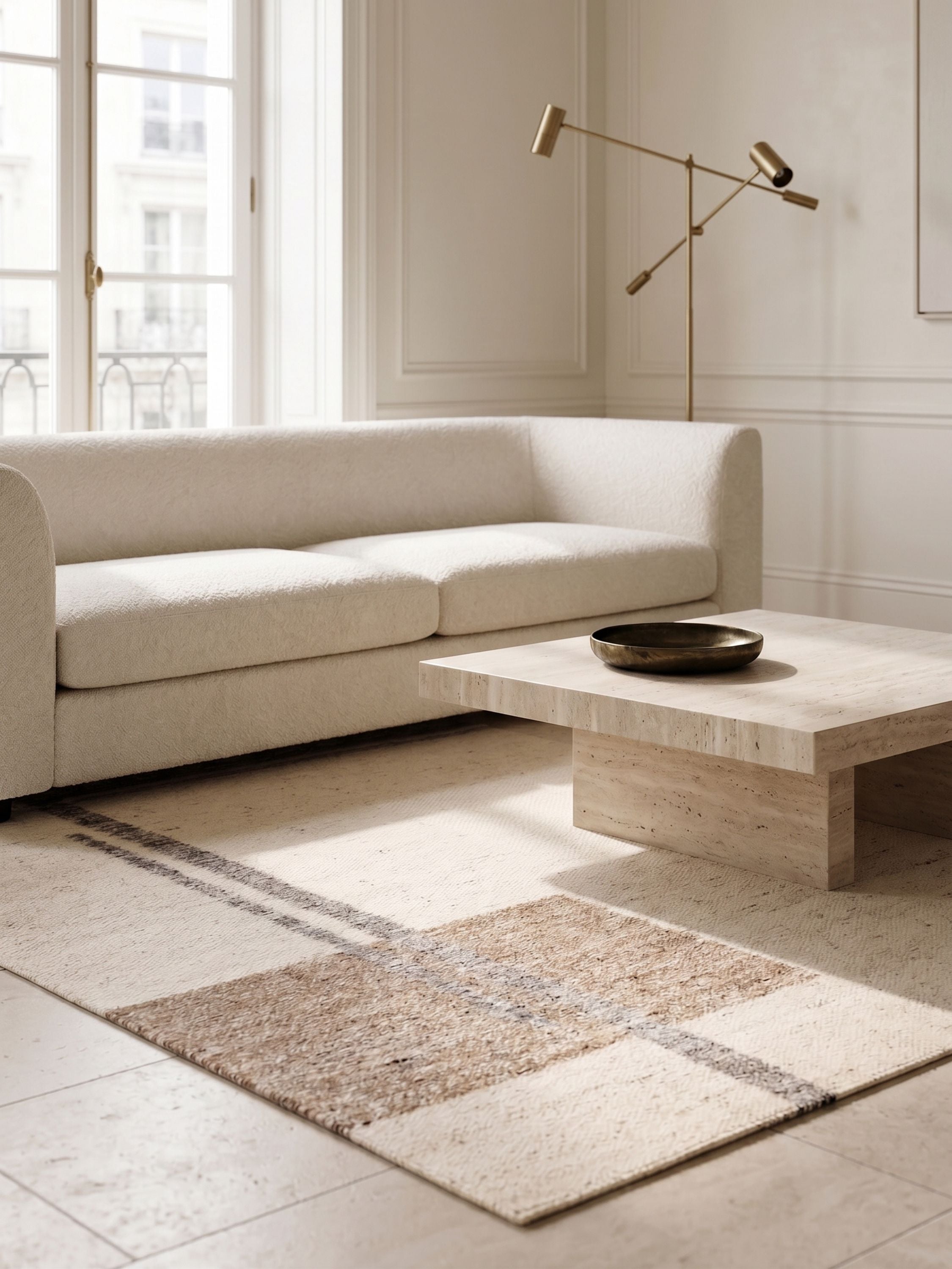 Ivory wool flatweave area rug with soft tonal grid pattern in warm brown, placed in a living room beneath a low stone coffee table and neutral sofa