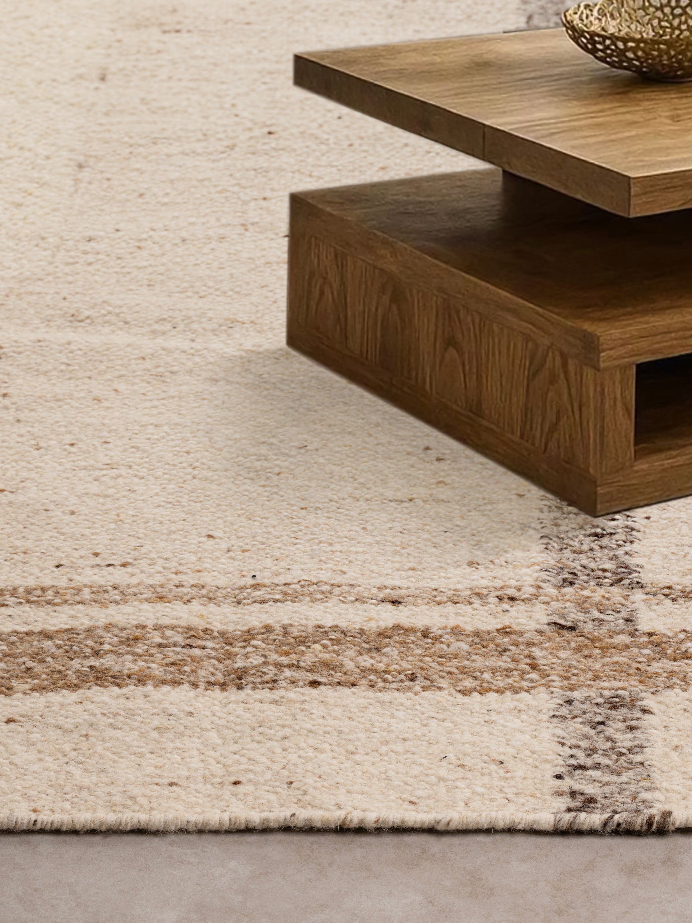 Tirana flatwoven wool rug laid flat showing minimalist blocks and lines