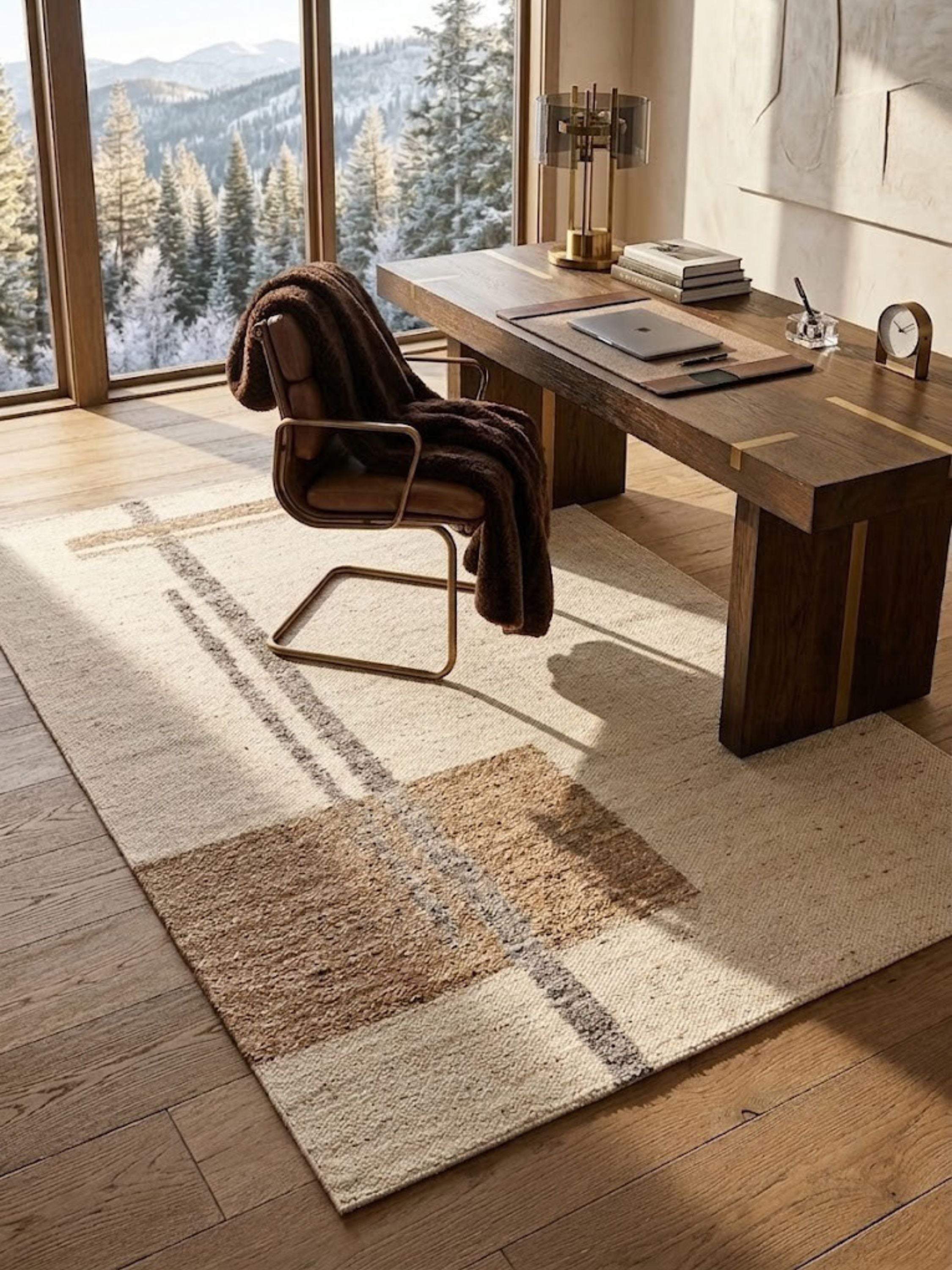 Wool rug with a banded field pattern, styled beneath a desk.