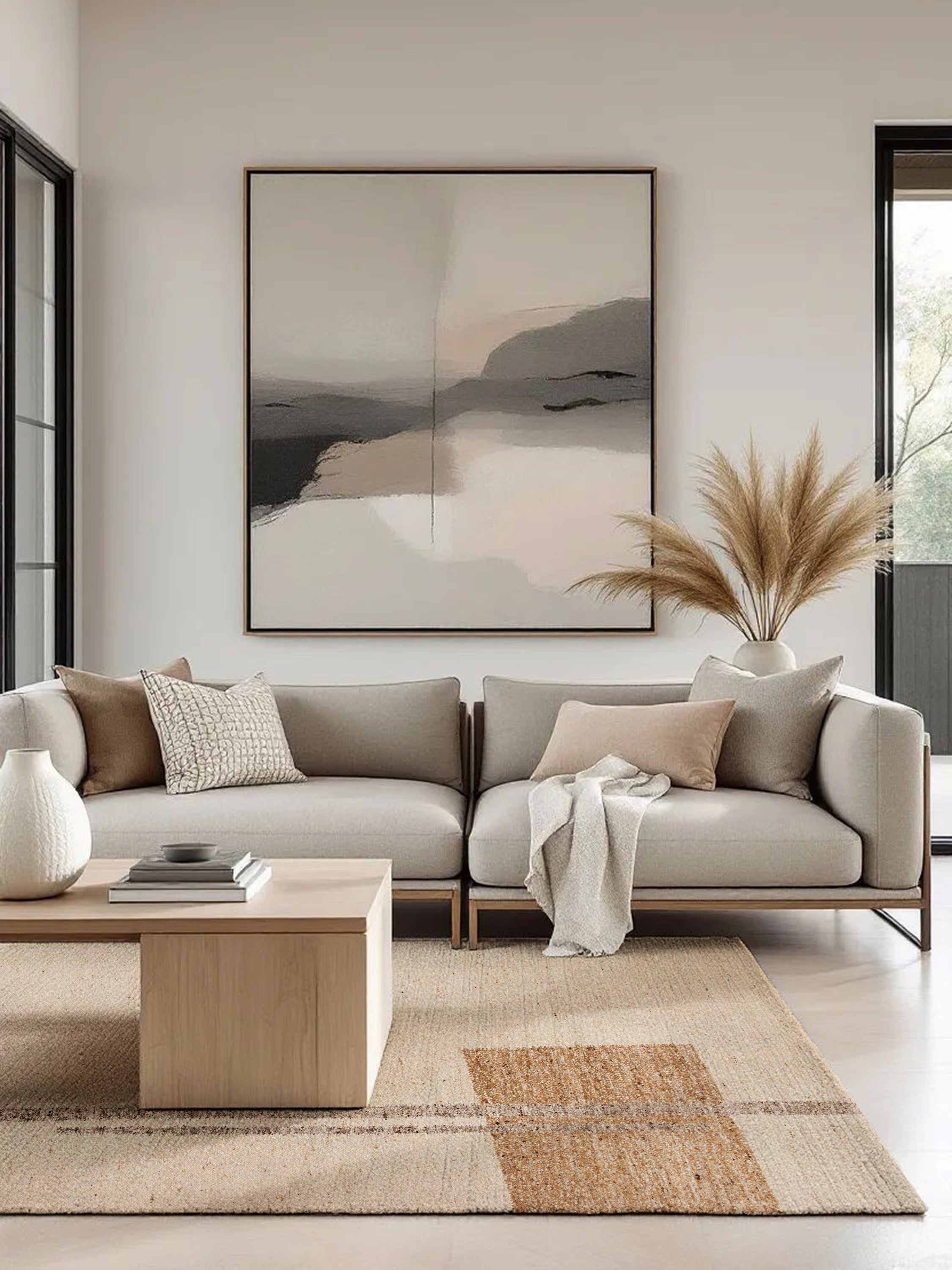 Tirana rug styled in a contemporary living room with soft neutral furnishings