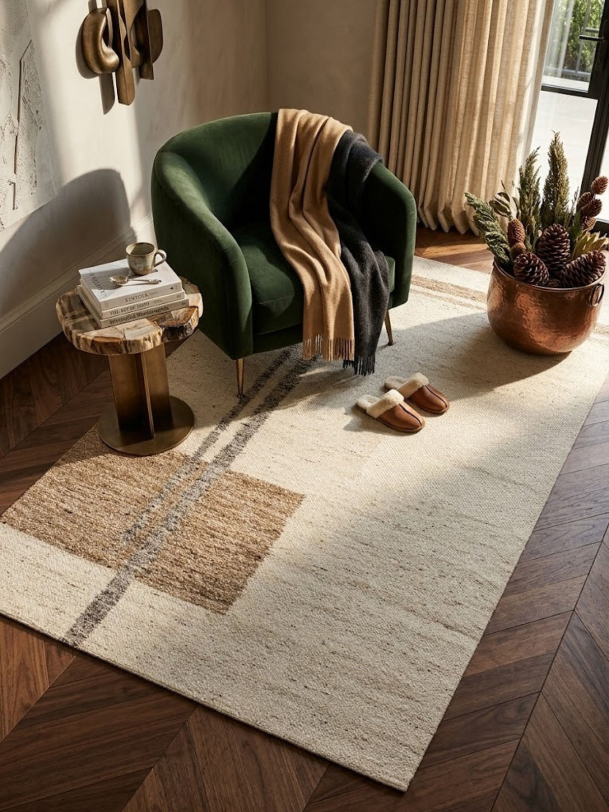 Wool rug with a spare, asymmetric pattern, styled beside a living room armchair.