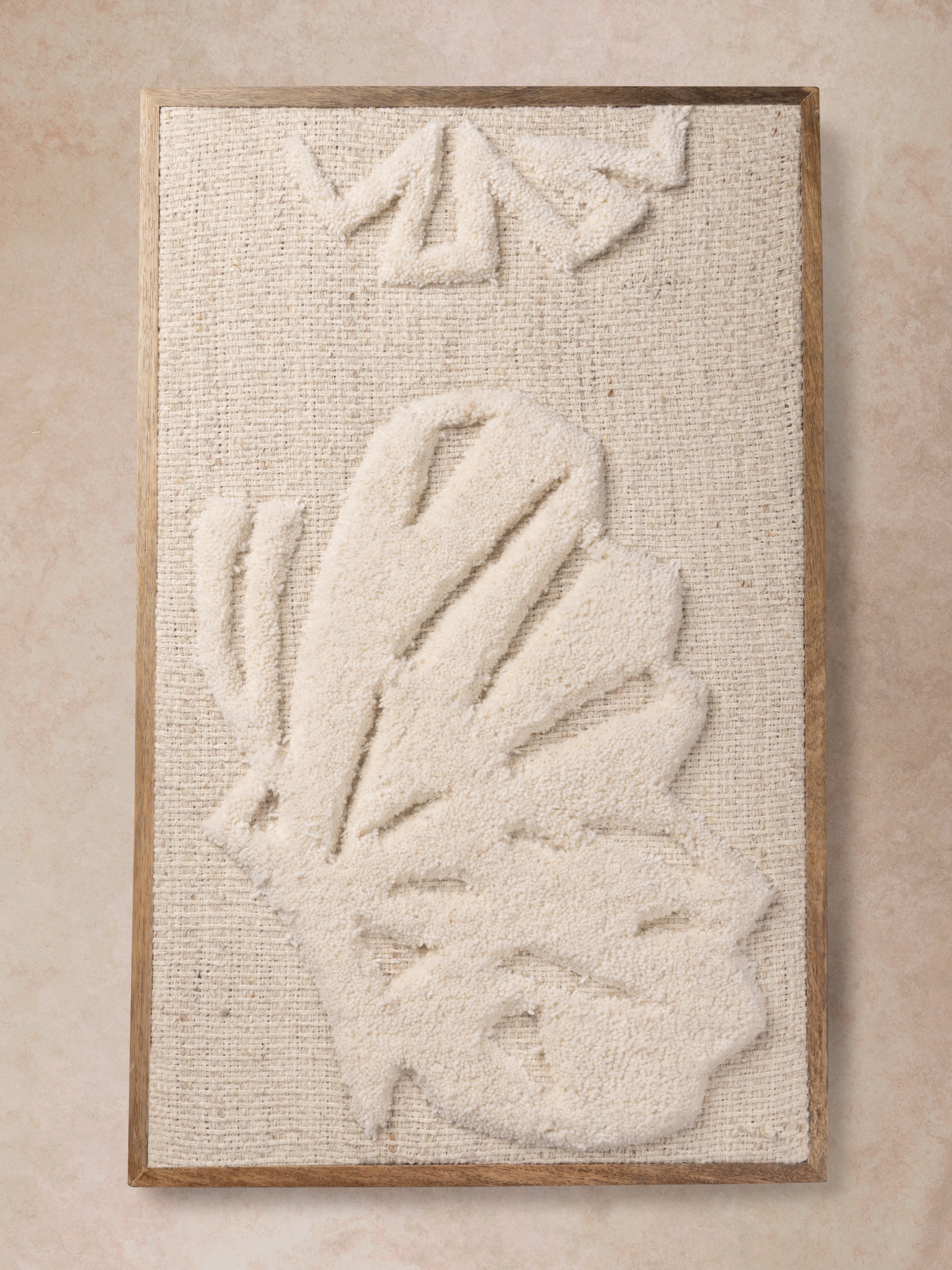 handwoven tufted wall art with sculptural butterfly motif and wooden frame