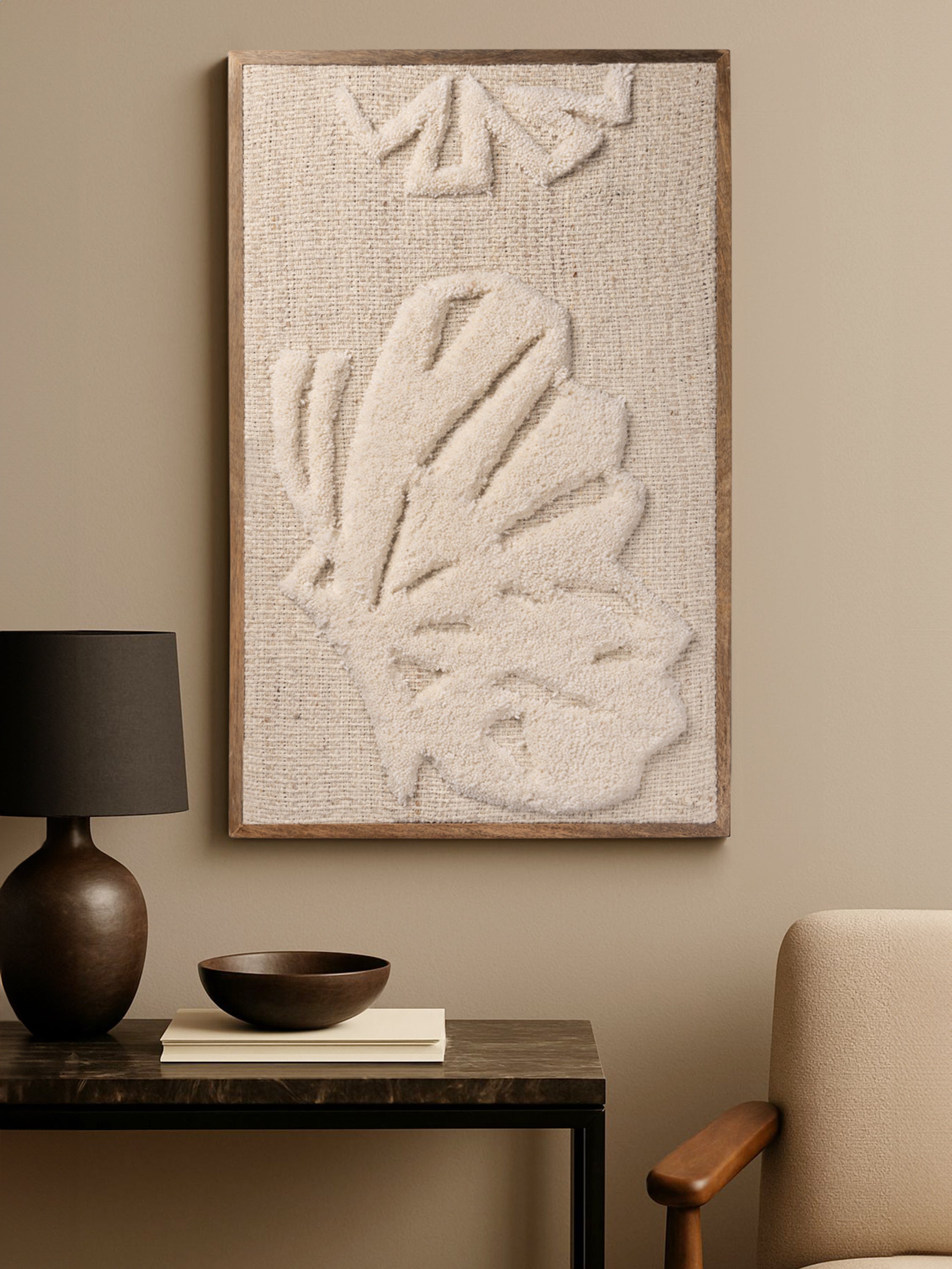 Monarch wall art styled in a warm modern living room