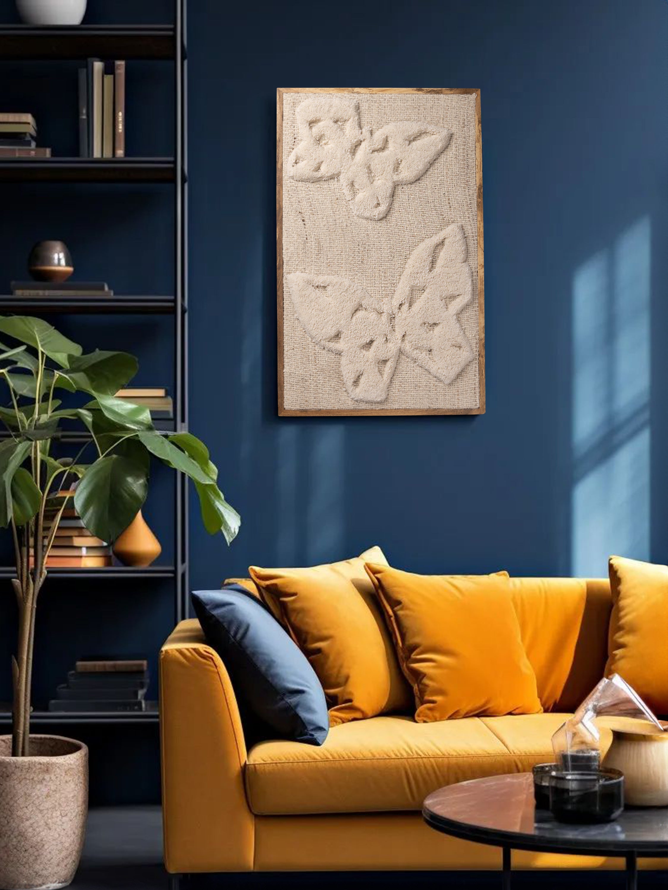 Monarch wall art styled in a warm modern living room