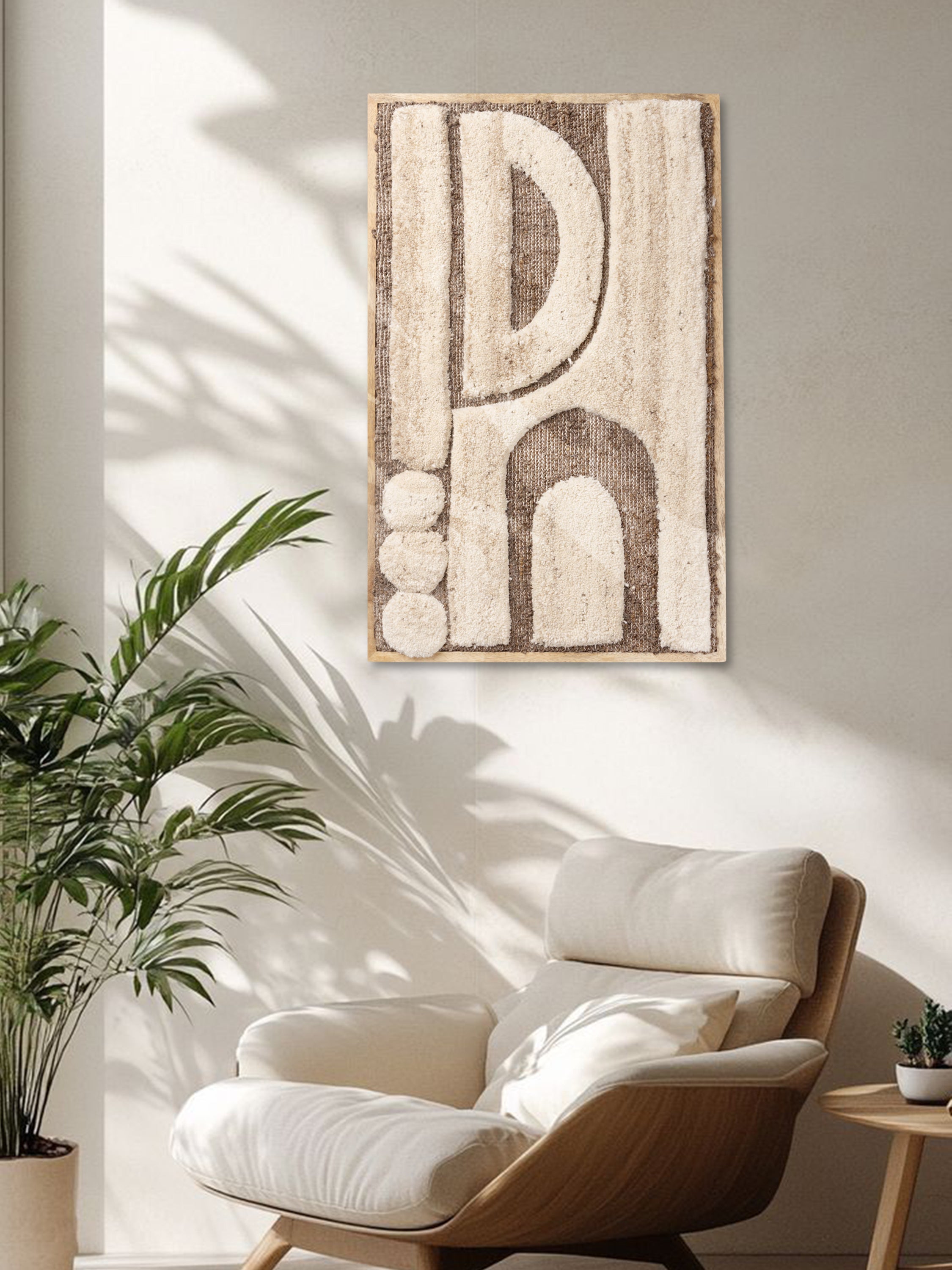 earth-inspired tufted wool pattern over handwoven base with wooden border