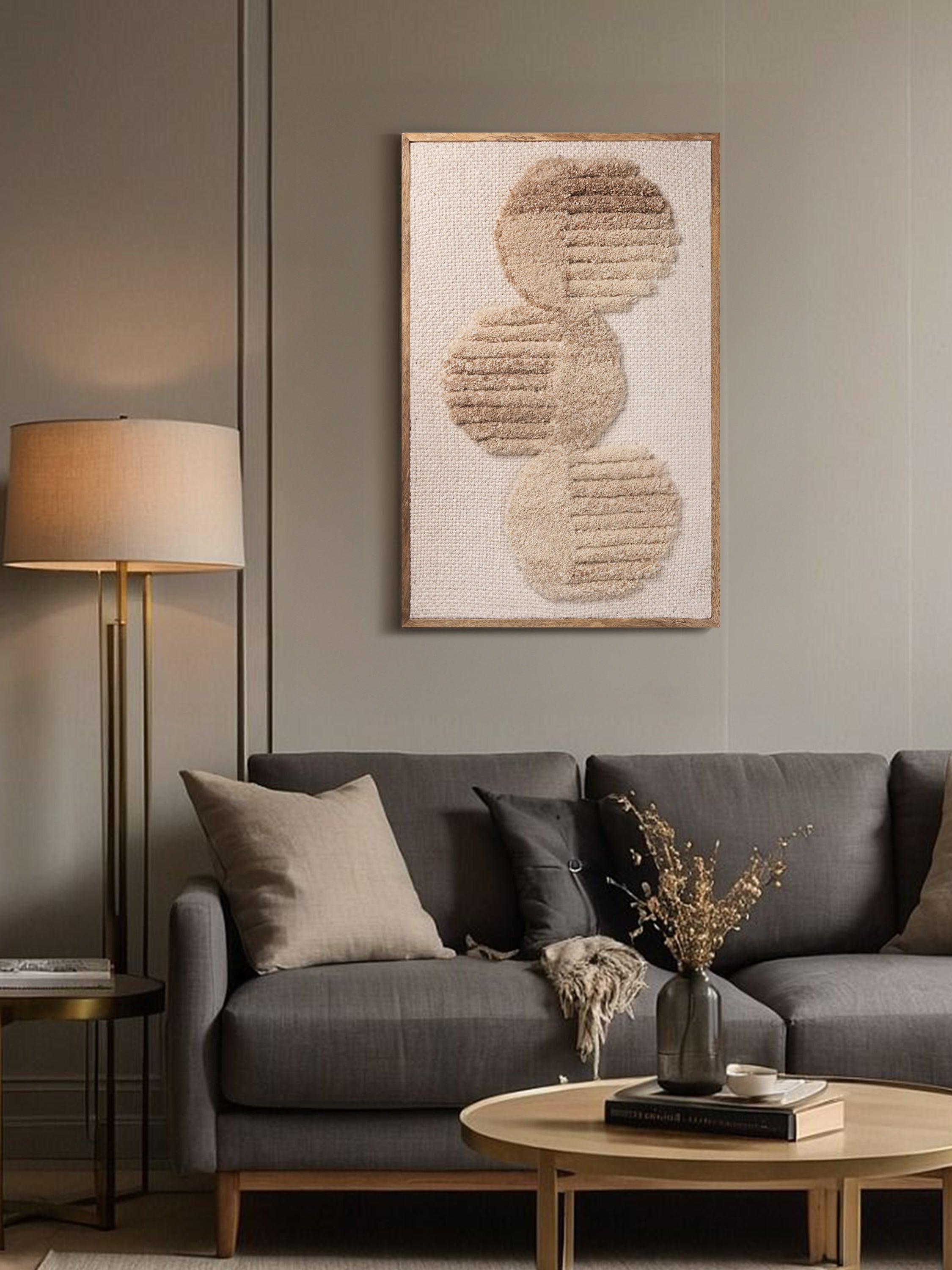 over-tufted wool circles on handwoven base with refined wooden border