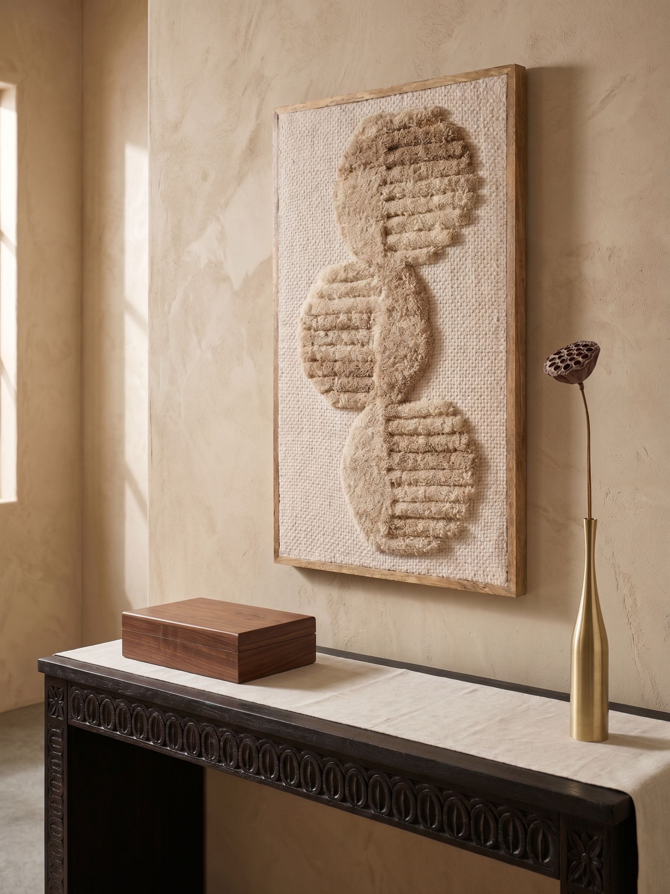 Ivory and sand tufted wool wall art, styled above a console beneath a mirror.