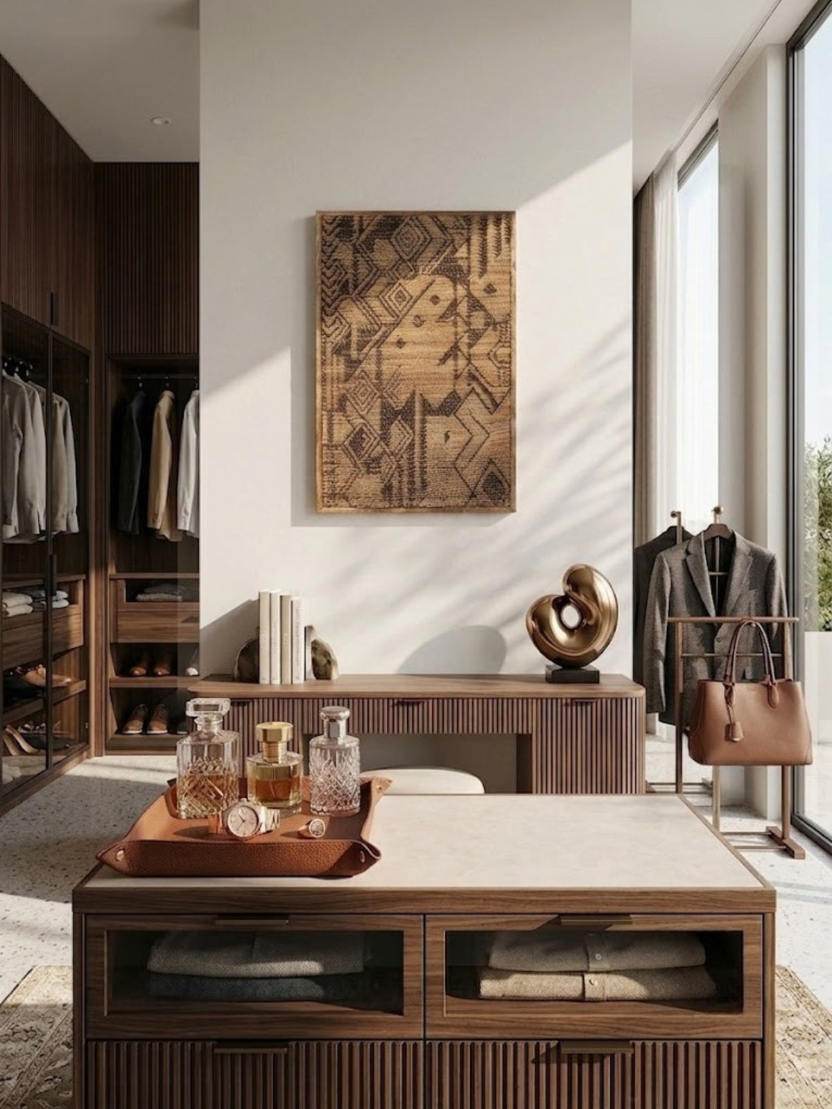 Jute wall art in warm ochre tones, styled in a walk-in closet.