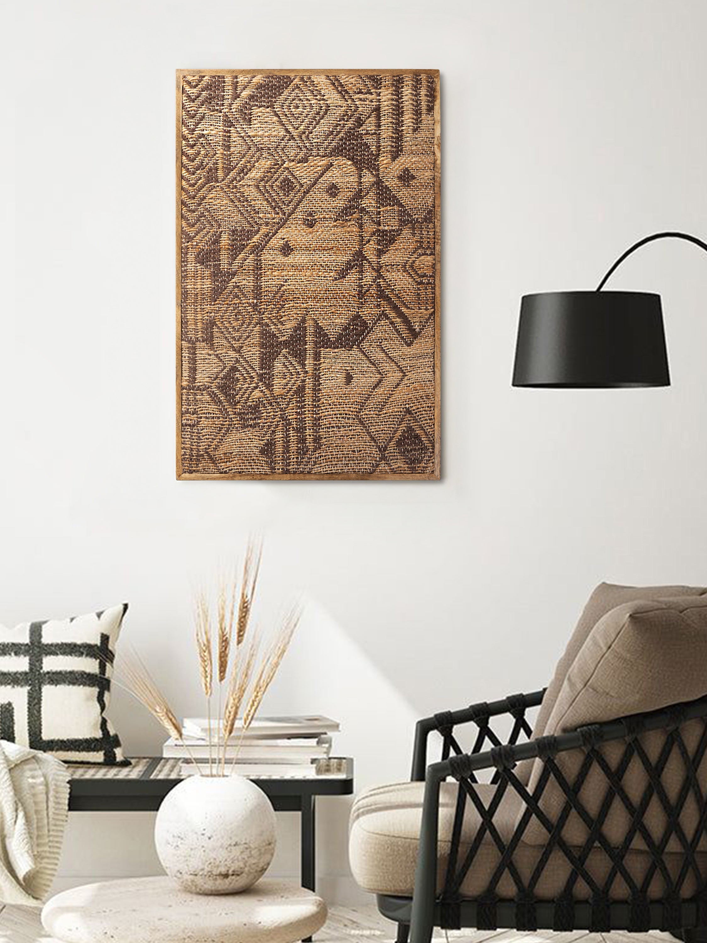 Handcrafted jute wall panel styled in a contemporary living room