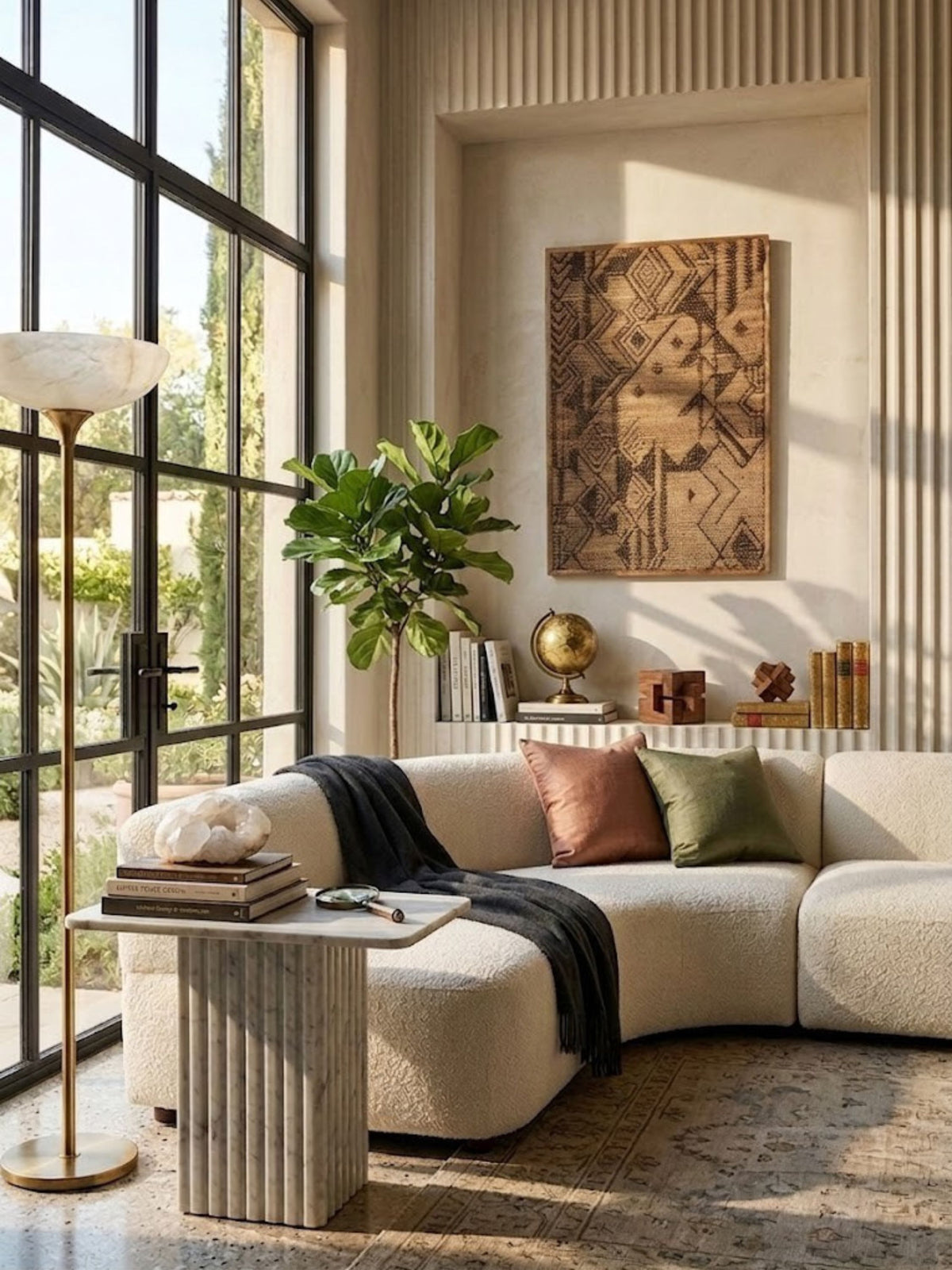 Jute wall art styled in a living room.