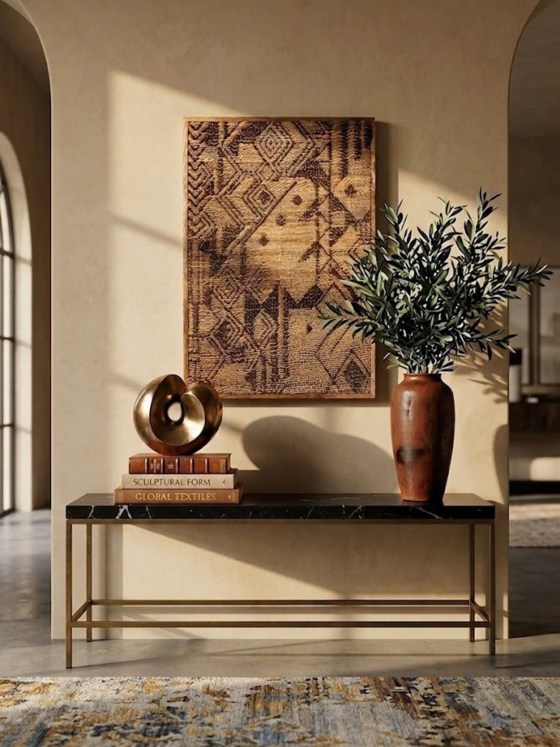 Jute wall art in warm amber tones, styled in an entryway.