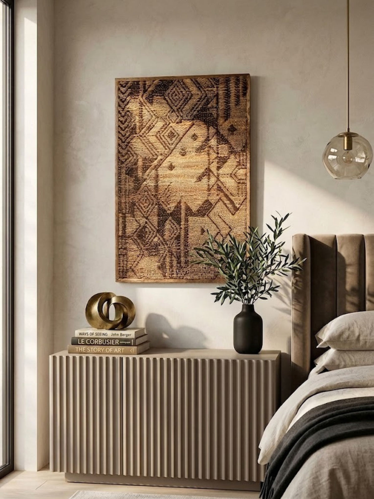 Jute wall art styled in a bedroom.