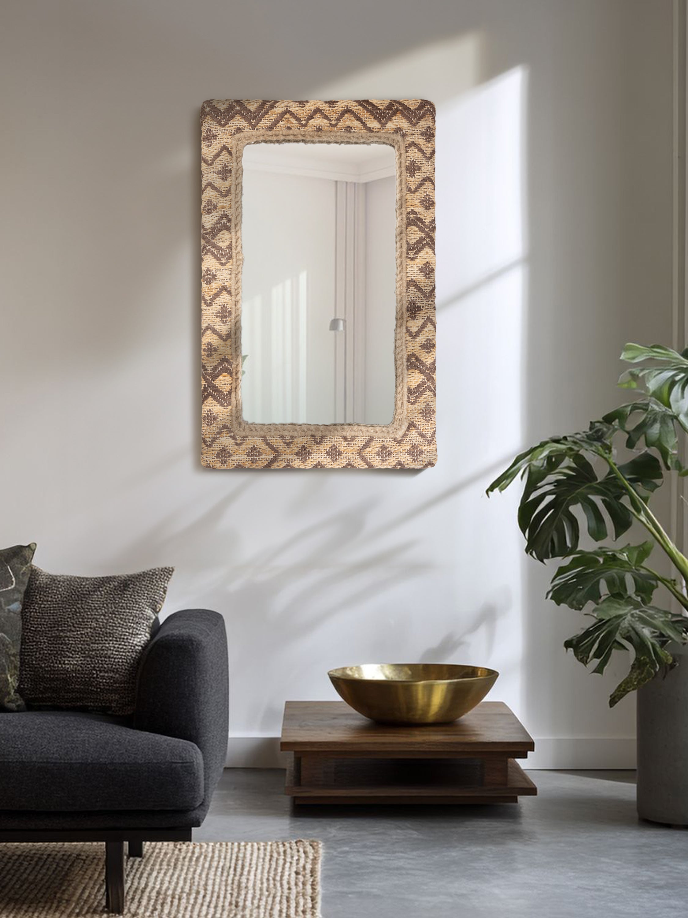 Zulian rectangular wall mirror styled in a modern neutral living room