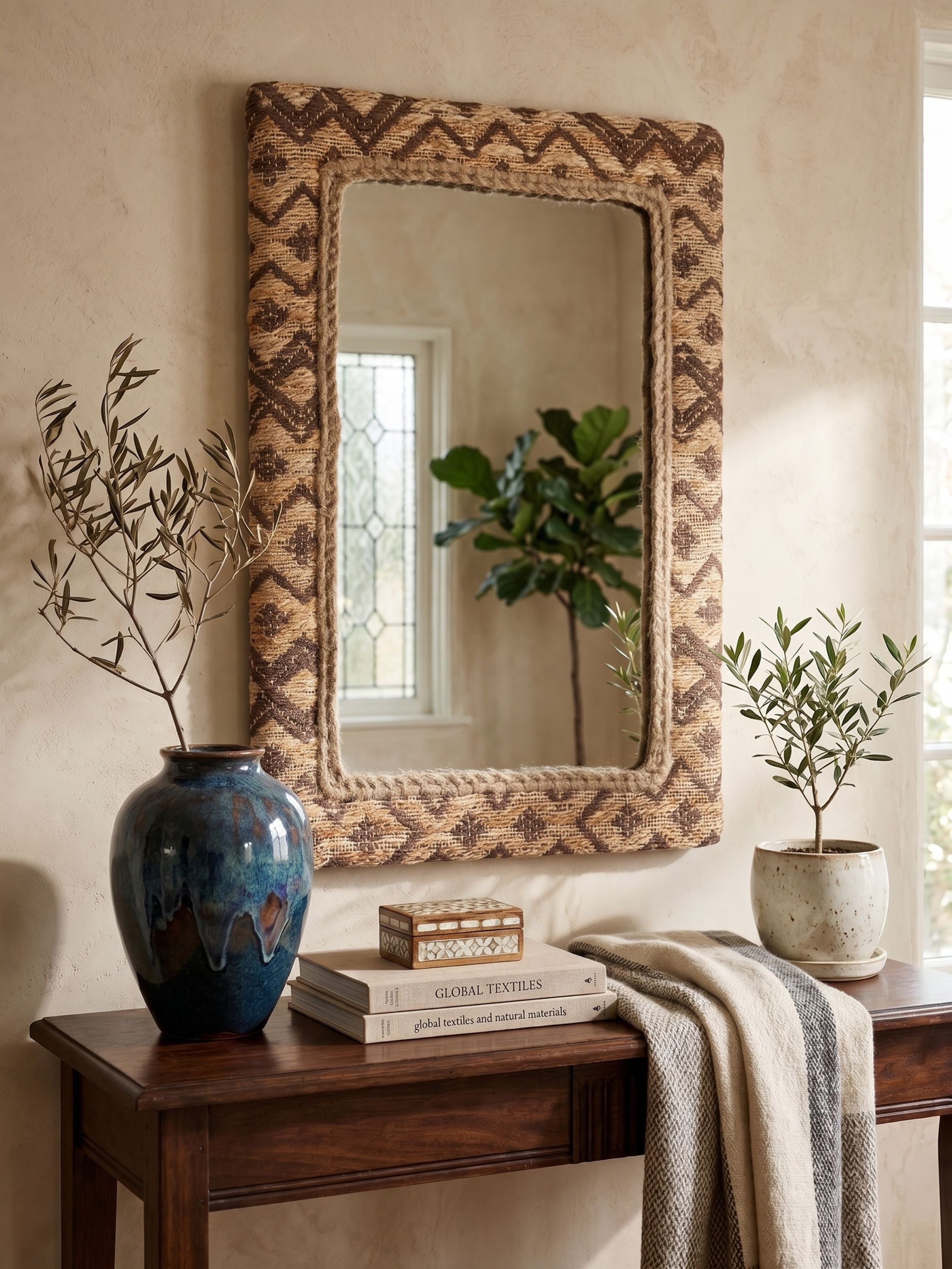 Rectangular wall mirror with natural woven jute frame and braided inner border in warm brown tones, placed above a wooden console with decorative objects