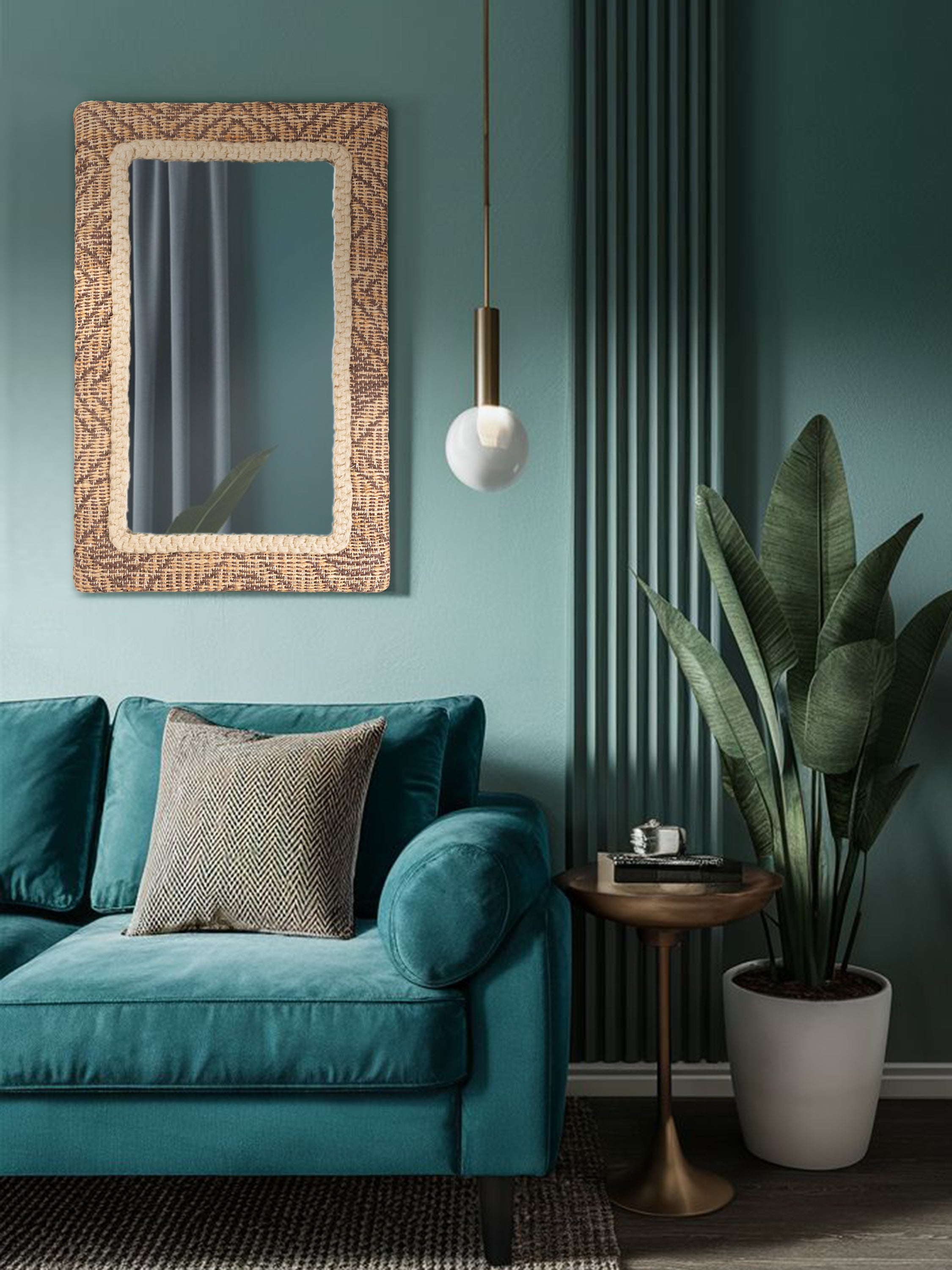 Large sized handcrafted jute-woven mirrors paired in a contemporary interior