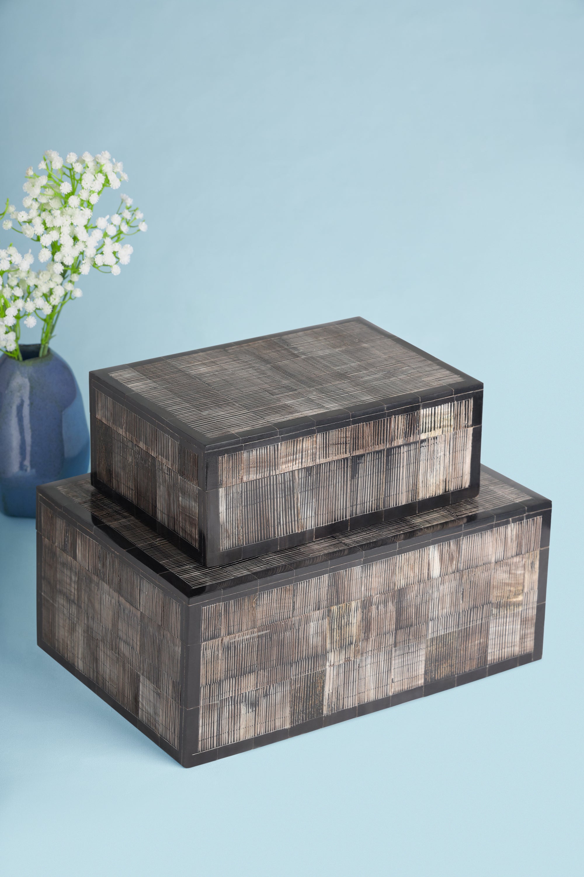 Handcrafted decorative boxes set of two in rich brown natural horn — artisan luxury home accent