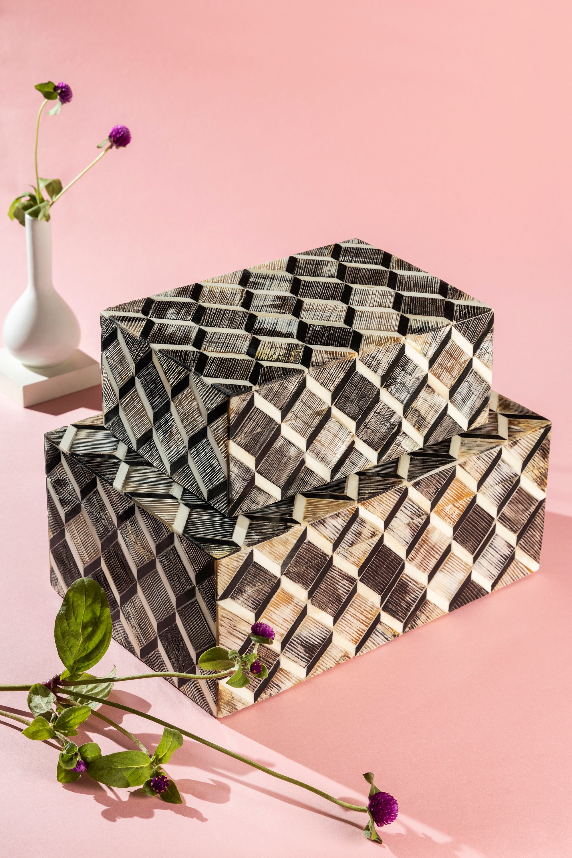 Set of two polished inlay storage boxes blending horn, bone and wood — refined home décor layer