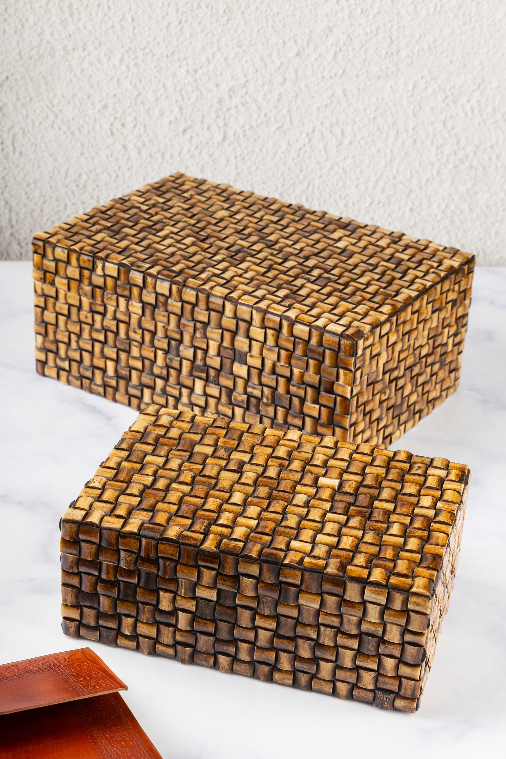 Textured storage boxes in hand-inlaid bone and wood, set of two — refined home décor pieces