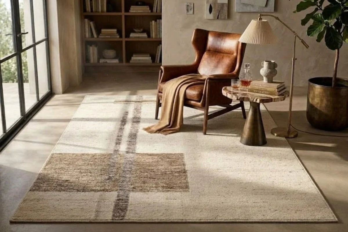 Ivory looped wool rug with a caramel block, set under a leather wingback chair and a stone side table