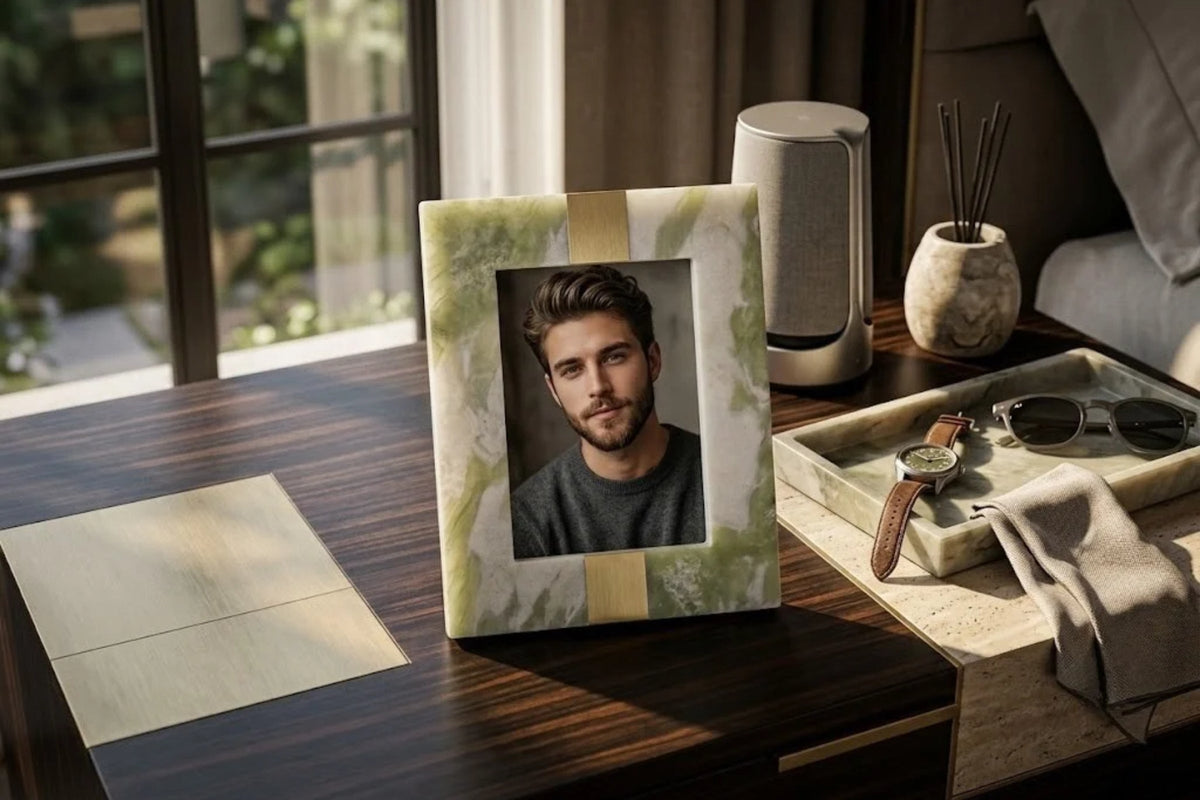 Pale green onyx frame with brushed brass tabs holding a portrait, standing on a dark wood desk by a window