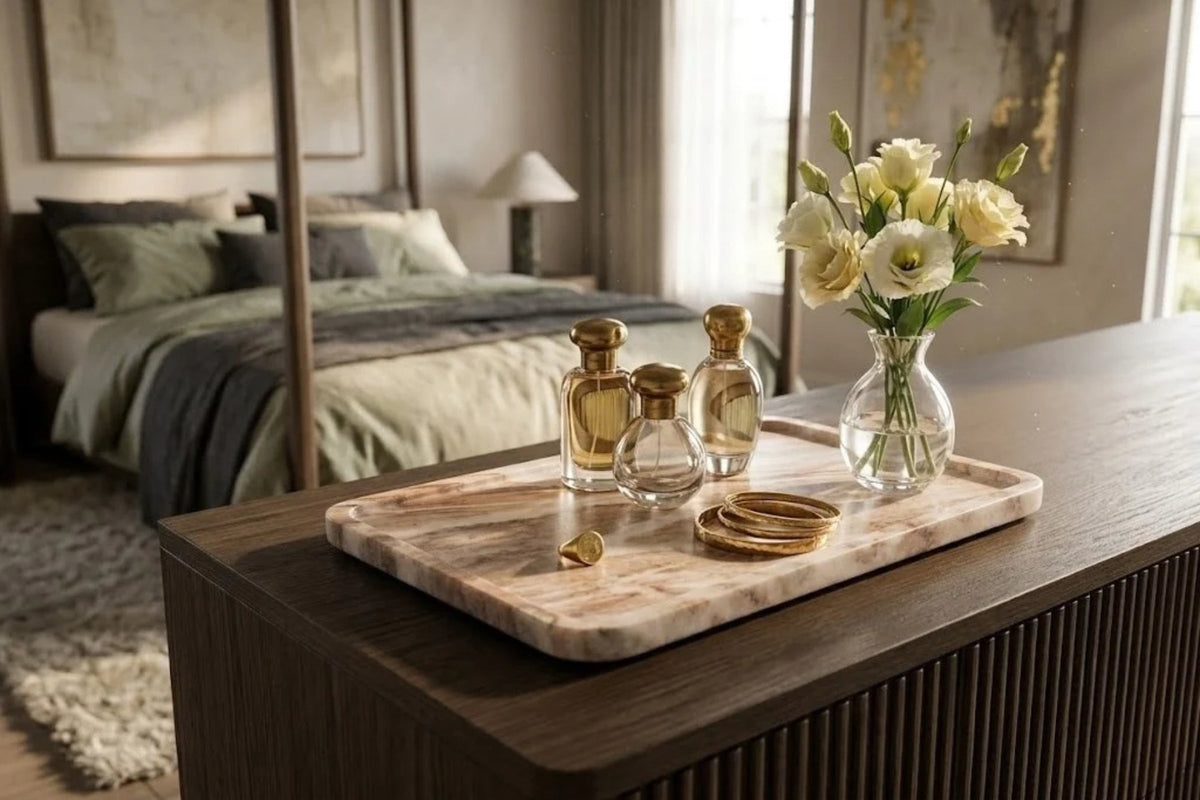 Beige onyx tray holding glass bottles, gold bangles and a vase of cream blooms on a dark wood dresser in a bedroom