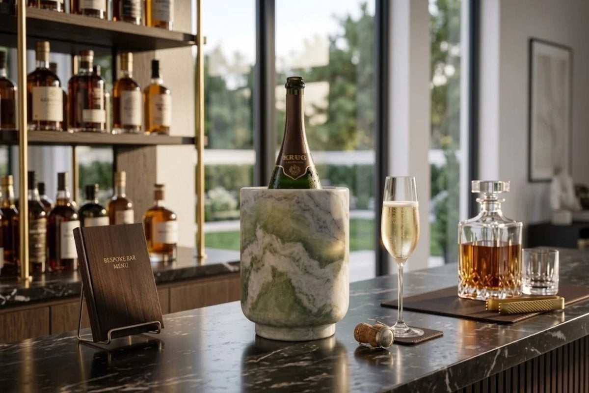Sage green onyx wine chiller holding a chilled bottle of champagne on a black marble home bar, one flute poured beside it
