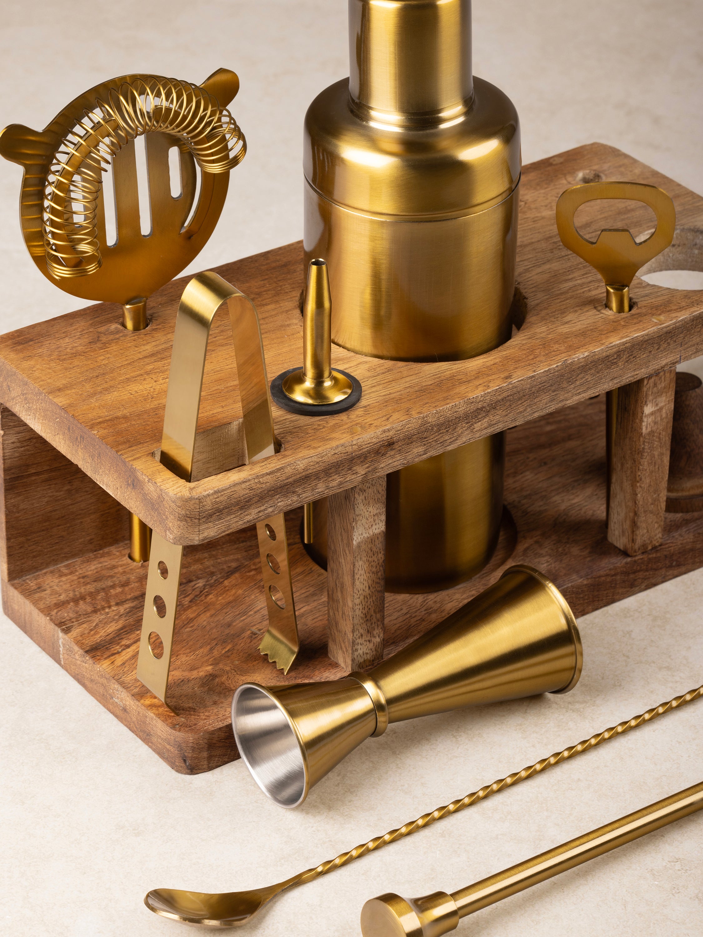 Gold Bar Accessories Set with Stand – Perfect Gift for Home and Professional Bars
