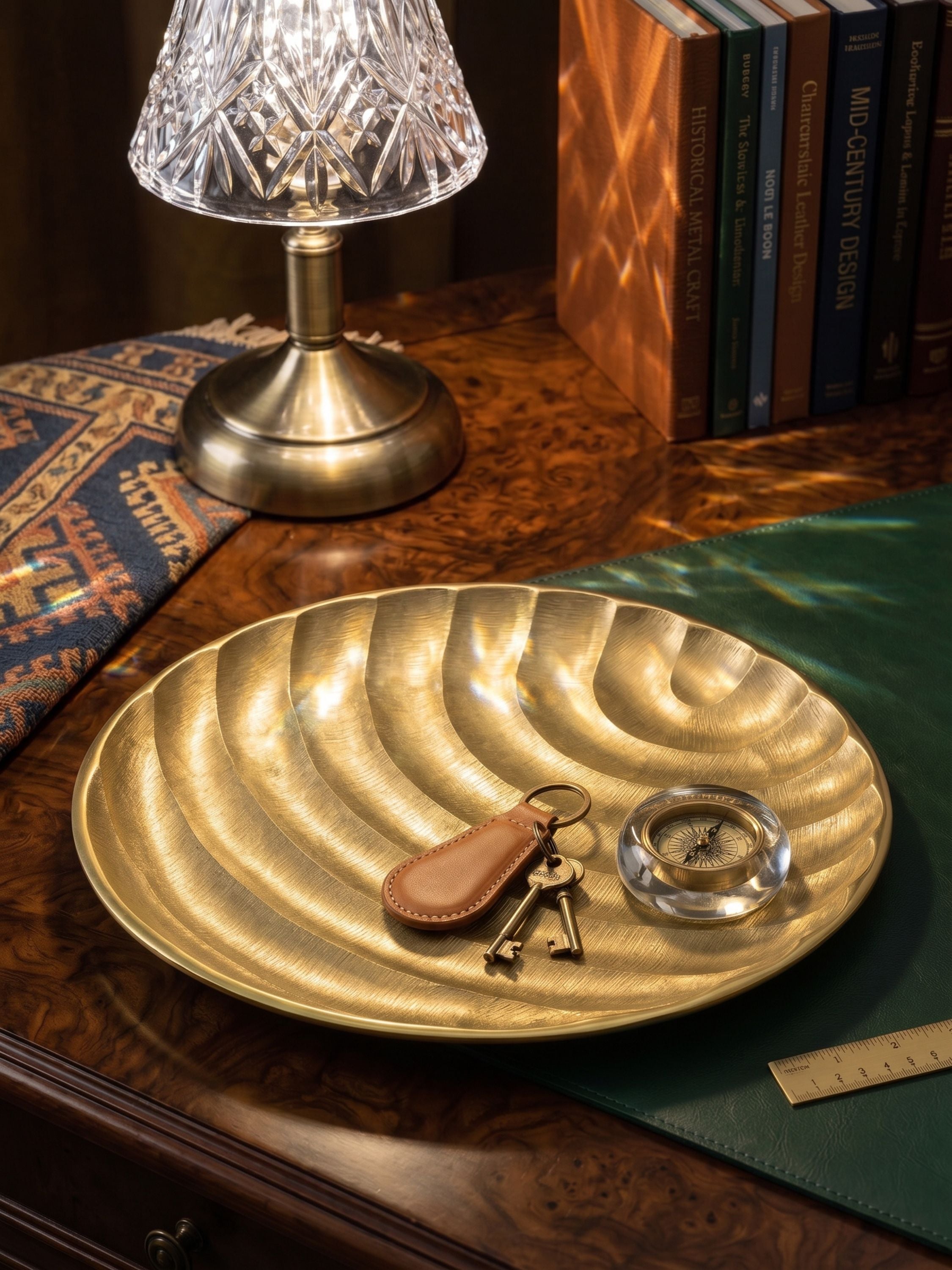 Gold decorative tray placed on a wooden desk holding keys and small objects in a warm, styled workspace setting