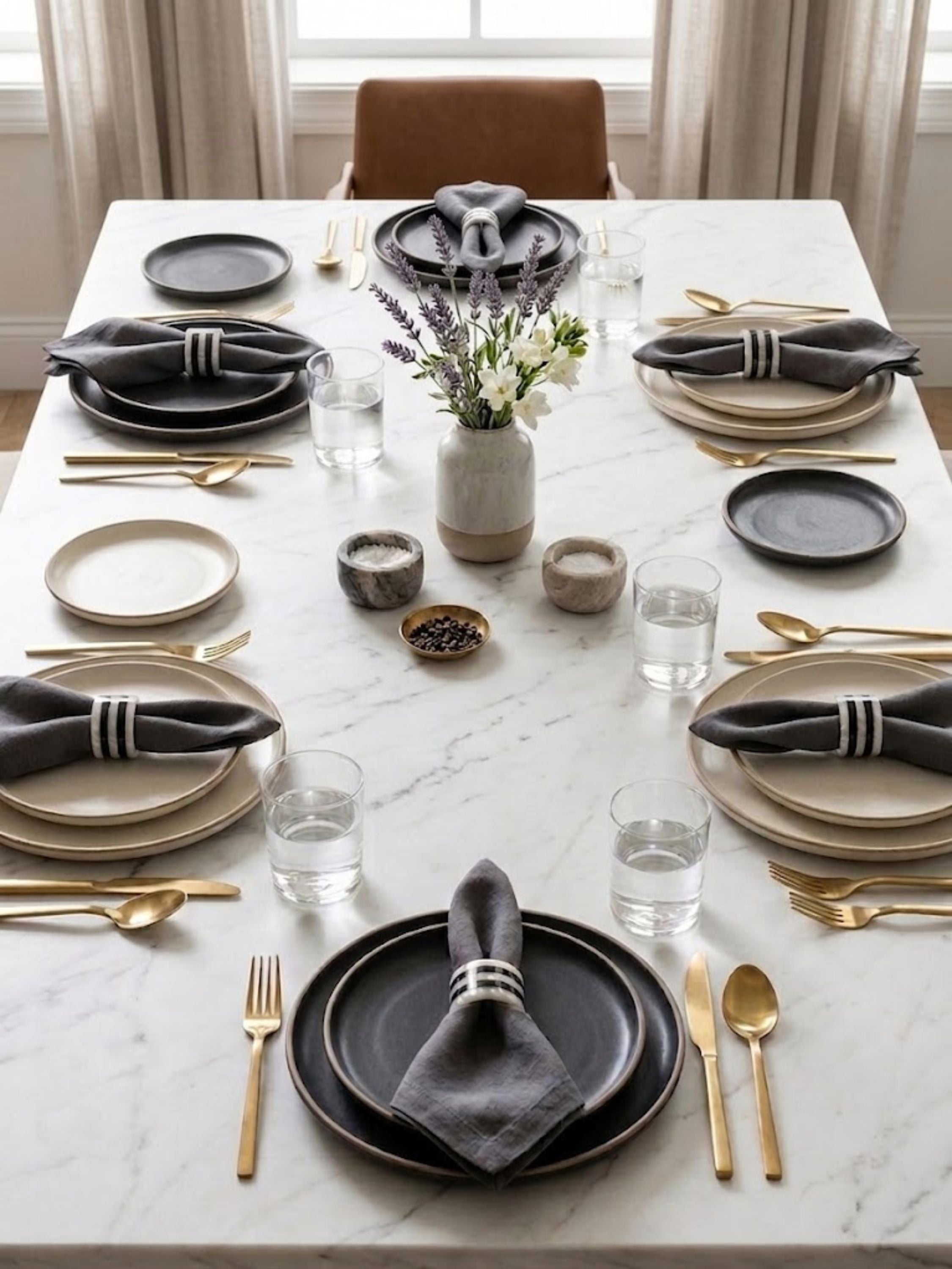 Napkin rings styled on a set dining table with layered plates and neutral linens in an elevated dining setting