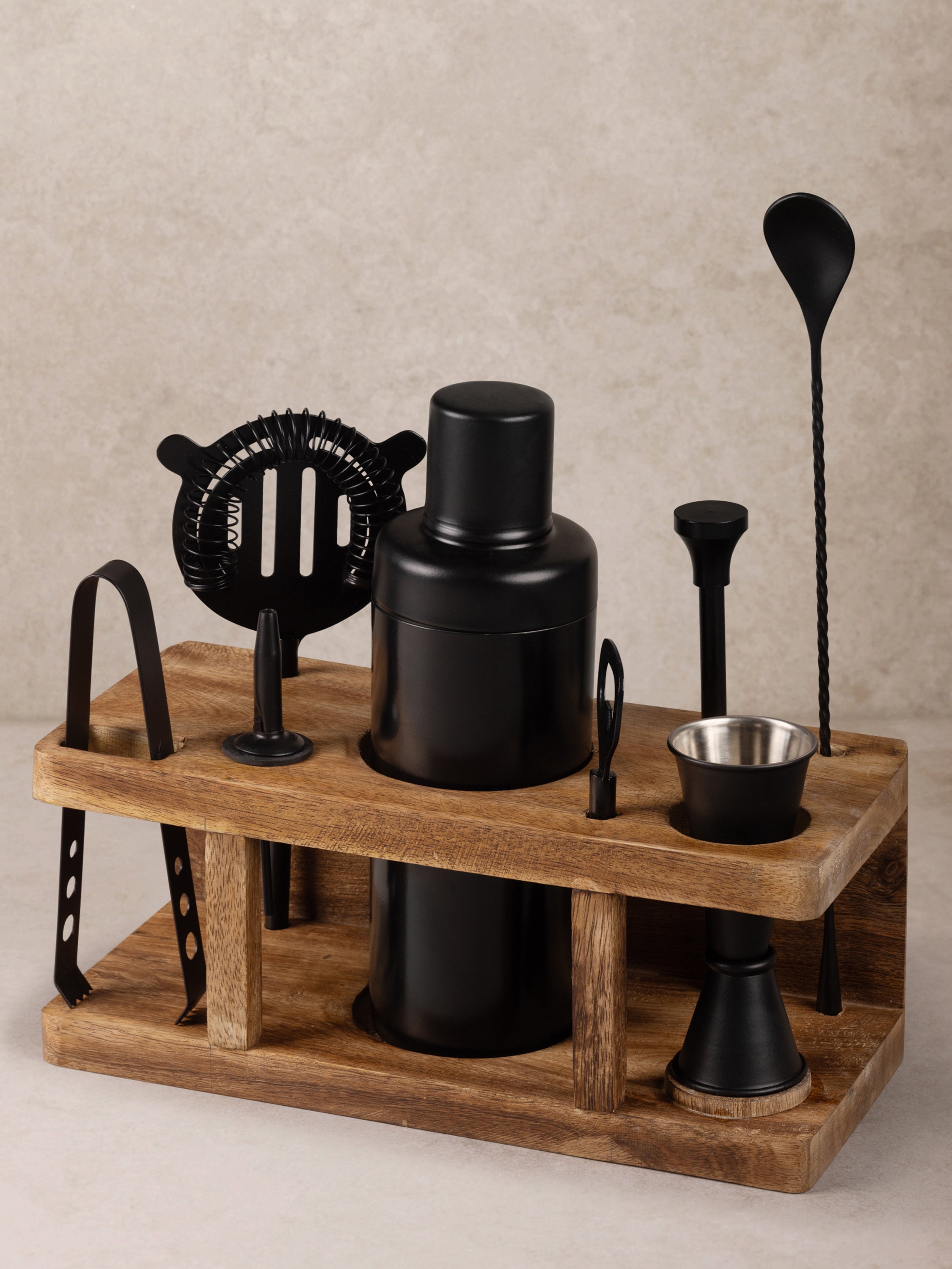 Premium Black Bar Tools Set with Wooden Stand – Elegant Cocktail Mixing Kit
