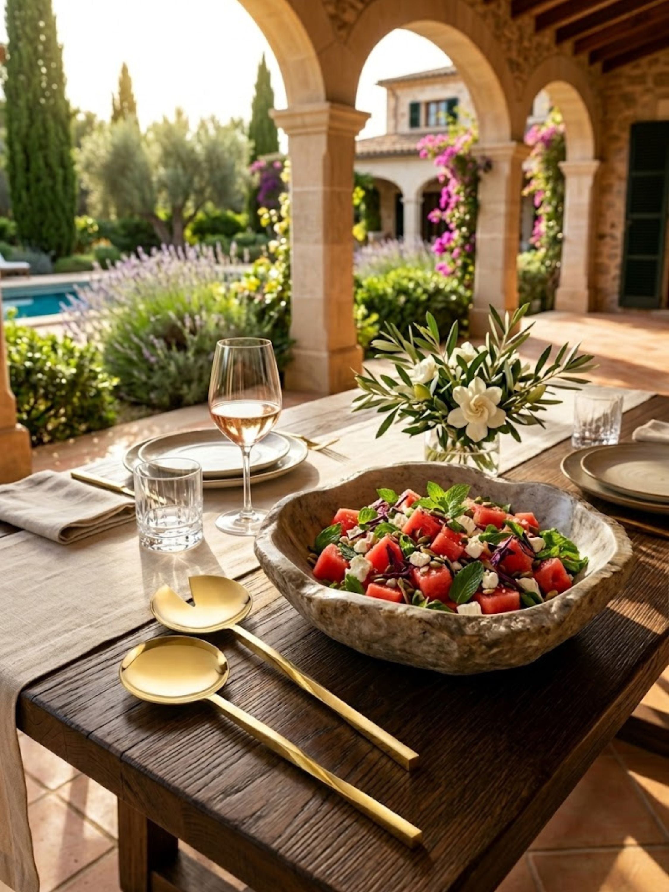 Oslo gold salad servers resting beside a handcrafted stone serving bowl, featuring a slender sculptural silhouette and warm metallic finish that brings refined elegance to outdoor dining and entertaining.