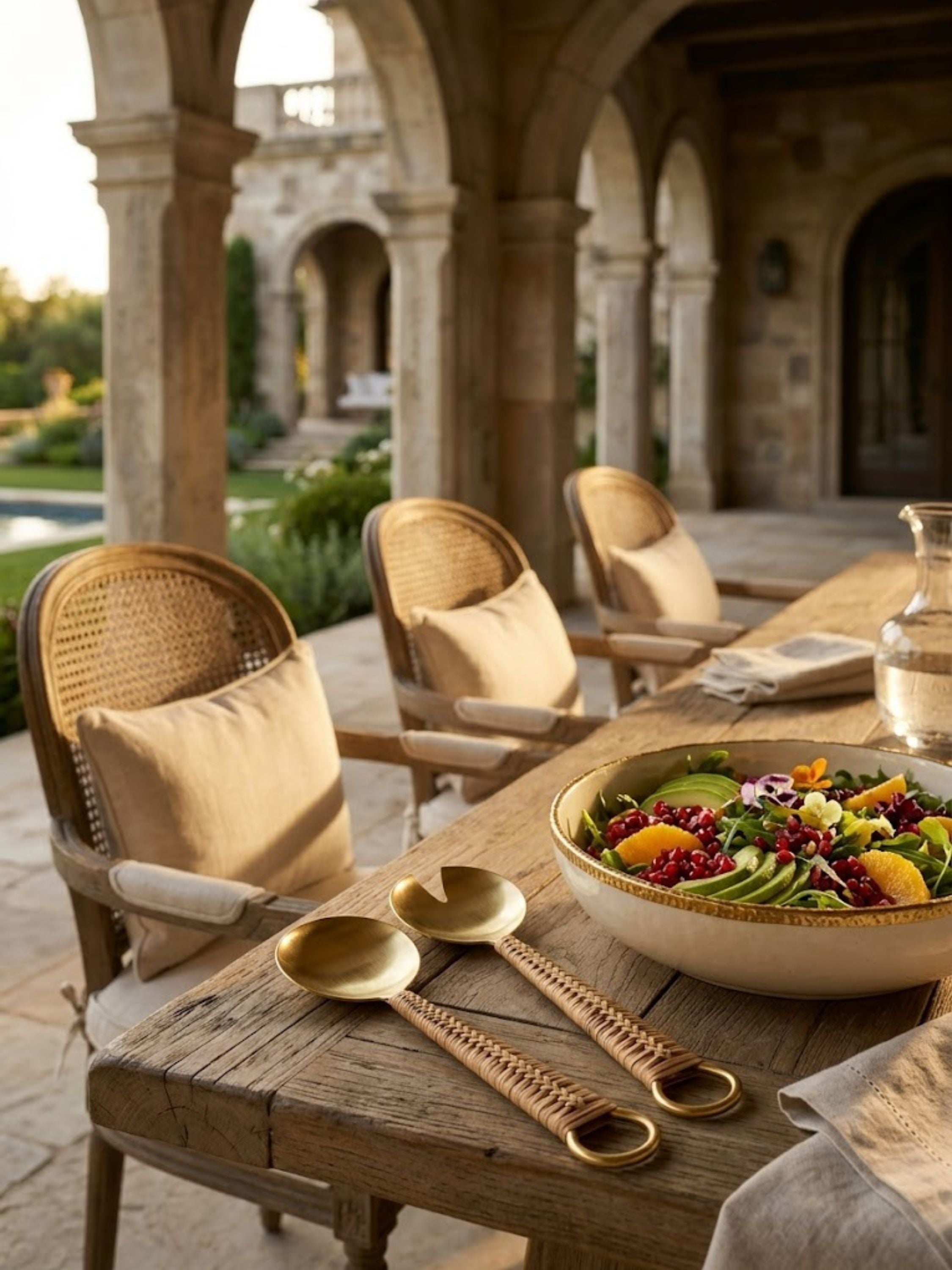 Oslo gold salad servers styled beside a vibrant salad bowl on a rustic outdoor dining table, featuring brushed gold finishes and handwoven handle detailing for refined entertaining.