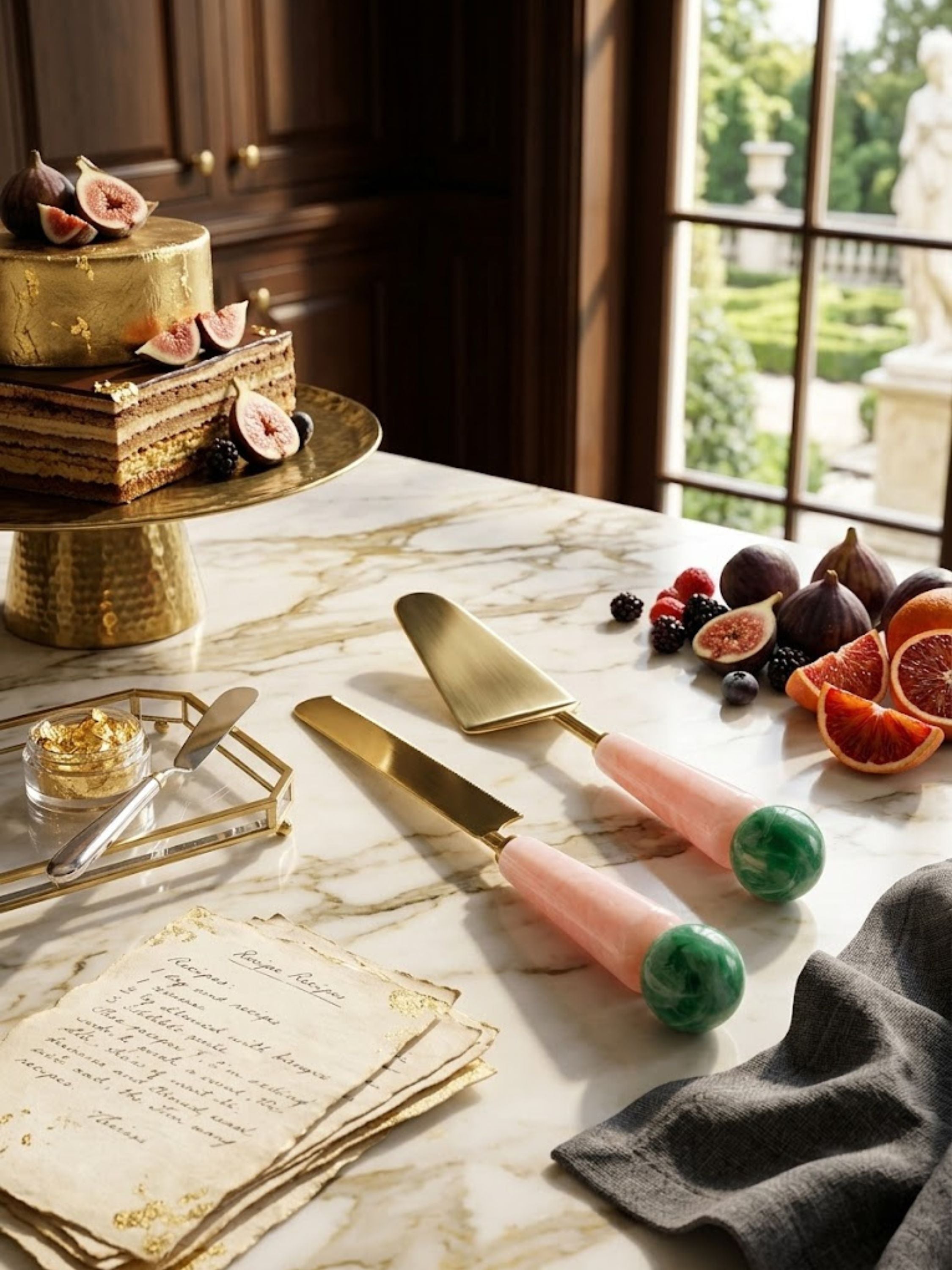 Copenhagen cake servers with blush-toned resin handles and gold blades styled beside a layered celebration cake.