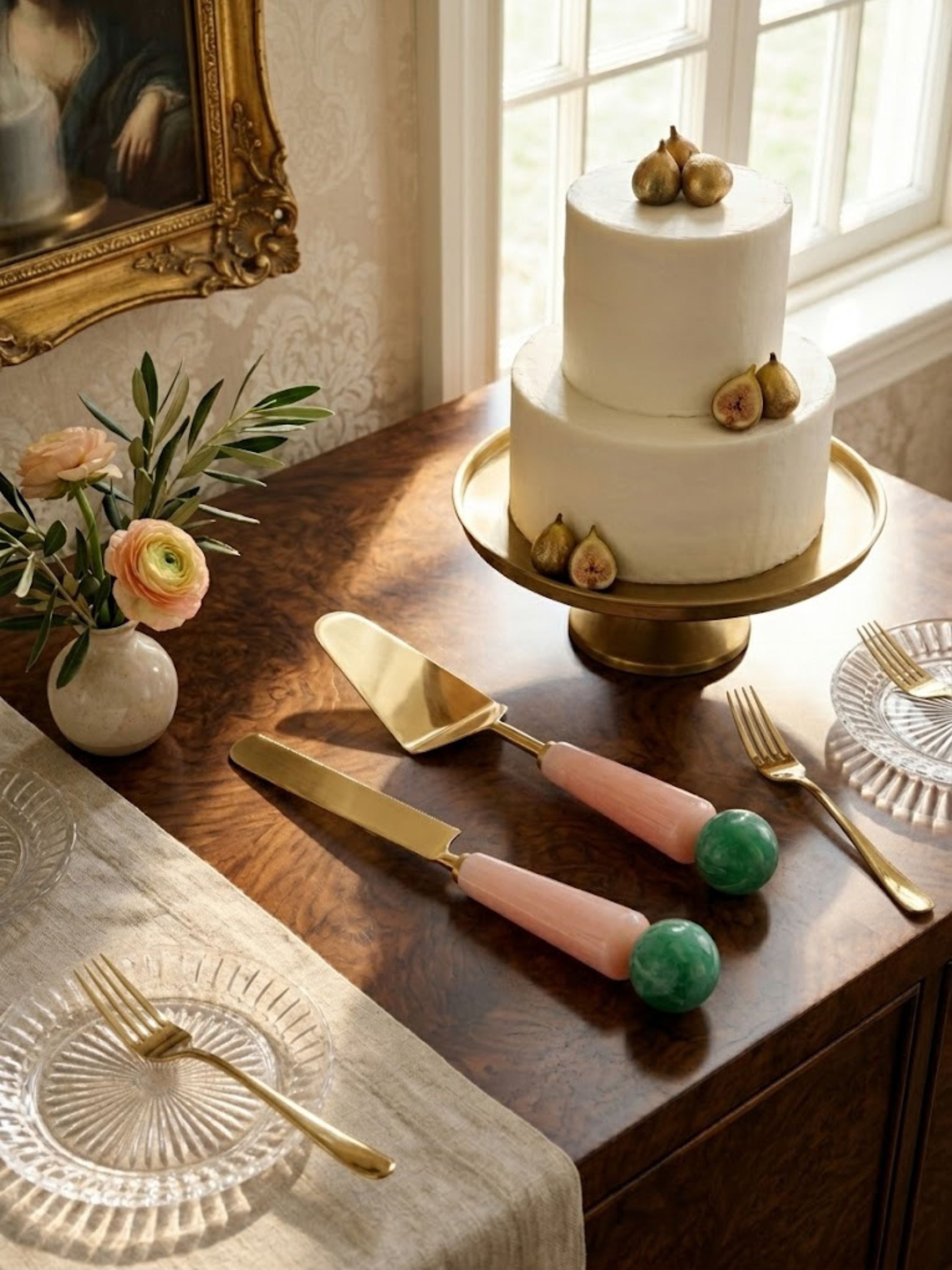 Copenhagen cake servers styled with a tiered celebration cake and gold-toned table setting, their resin handles on display.